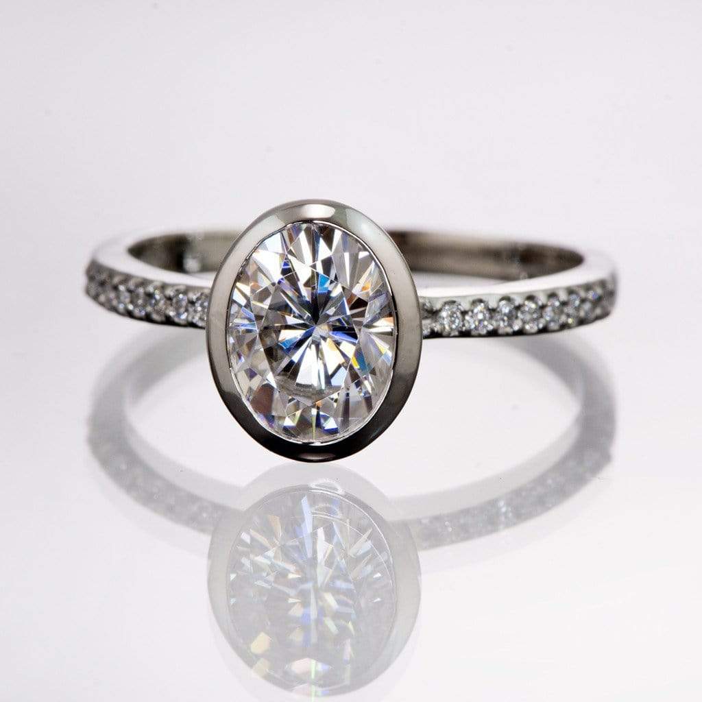 Oval Moissanite Sonia Bezel Set Diamond Accented Cathedral Engagement Ring