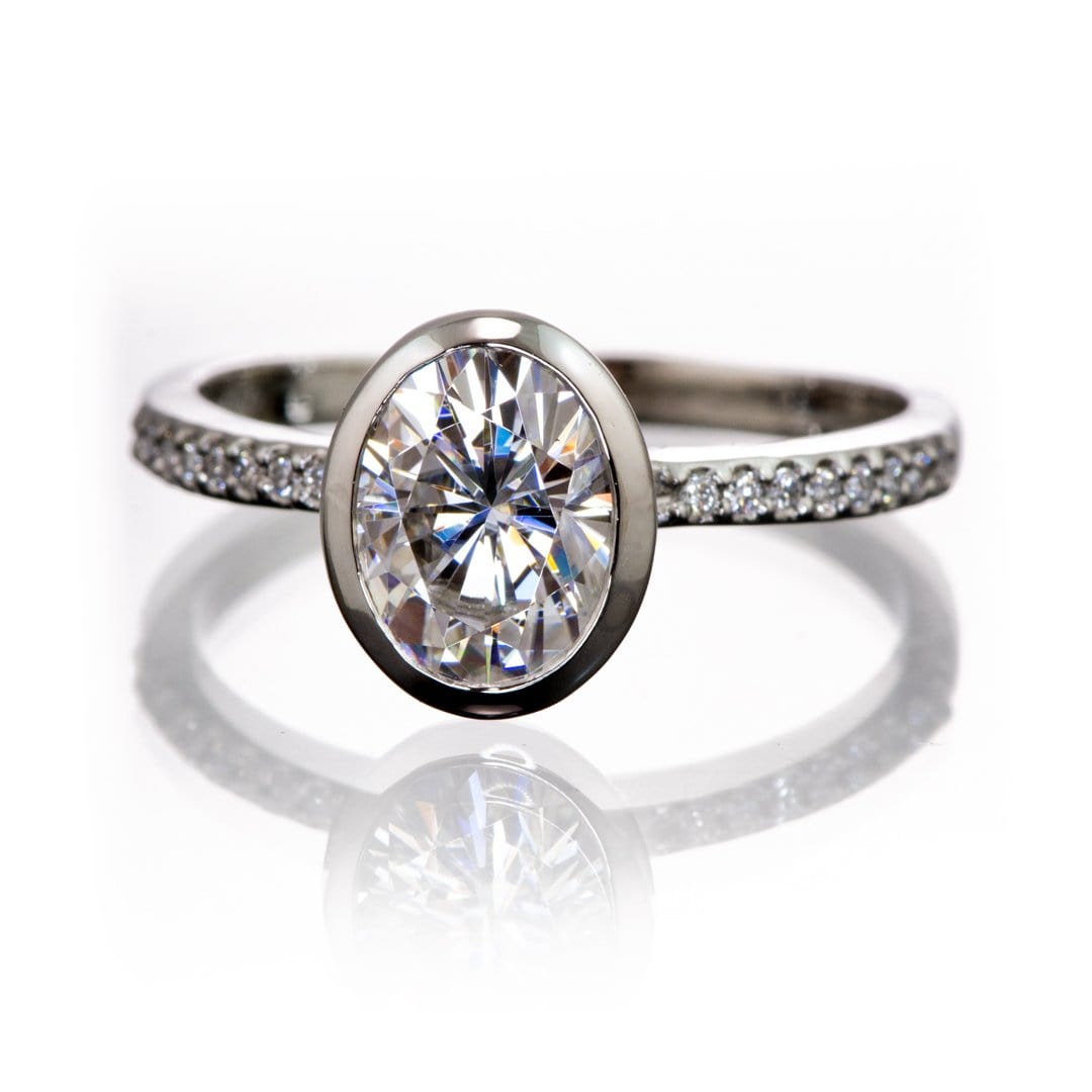 Oval Moissanite Sonia Bezel Set Diamond Accented Cathedral Engagement Ring