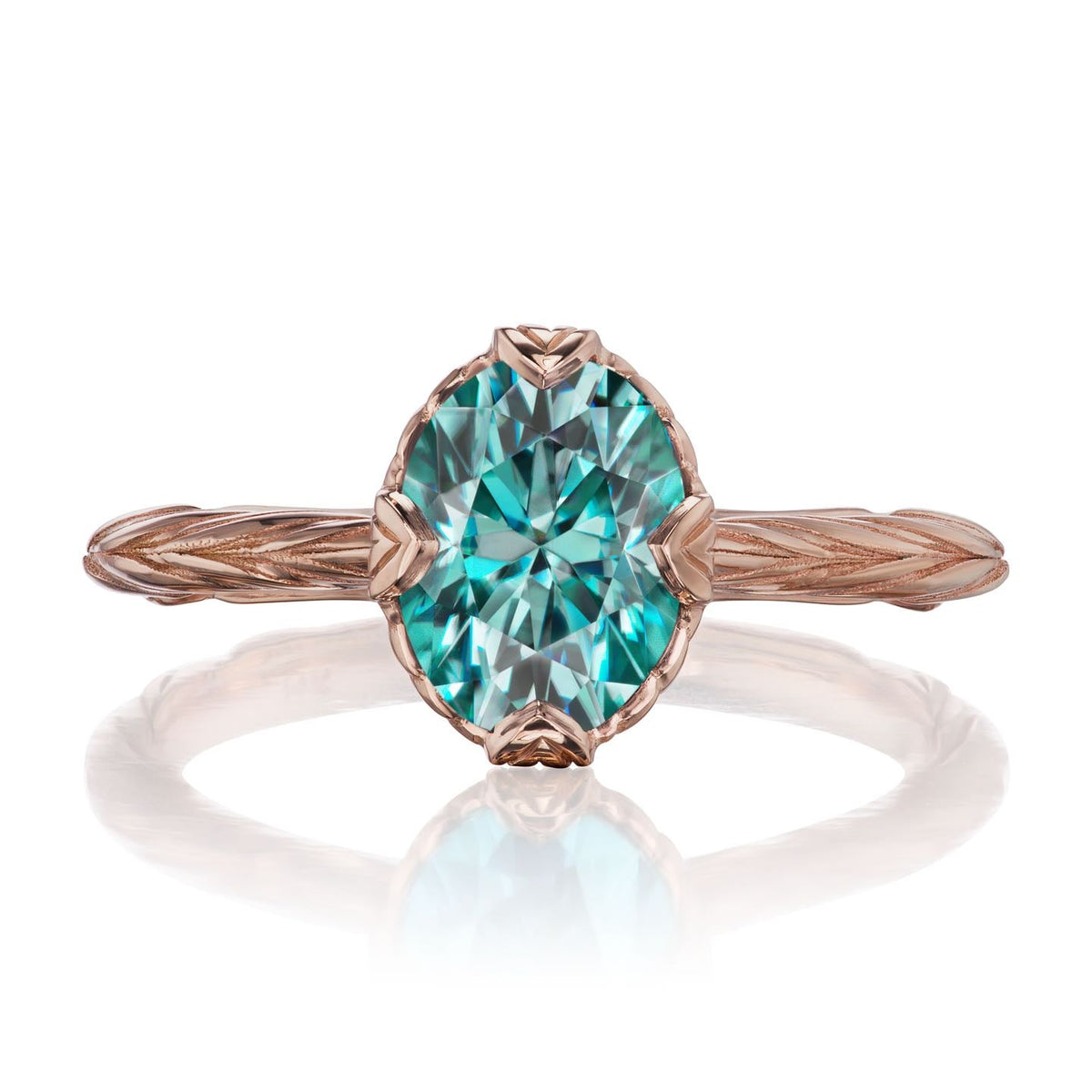 ・OLIVIA・Oval Aqua-Teal Iconic™ Moissanite, Willow Leaf Band (1.5ct)