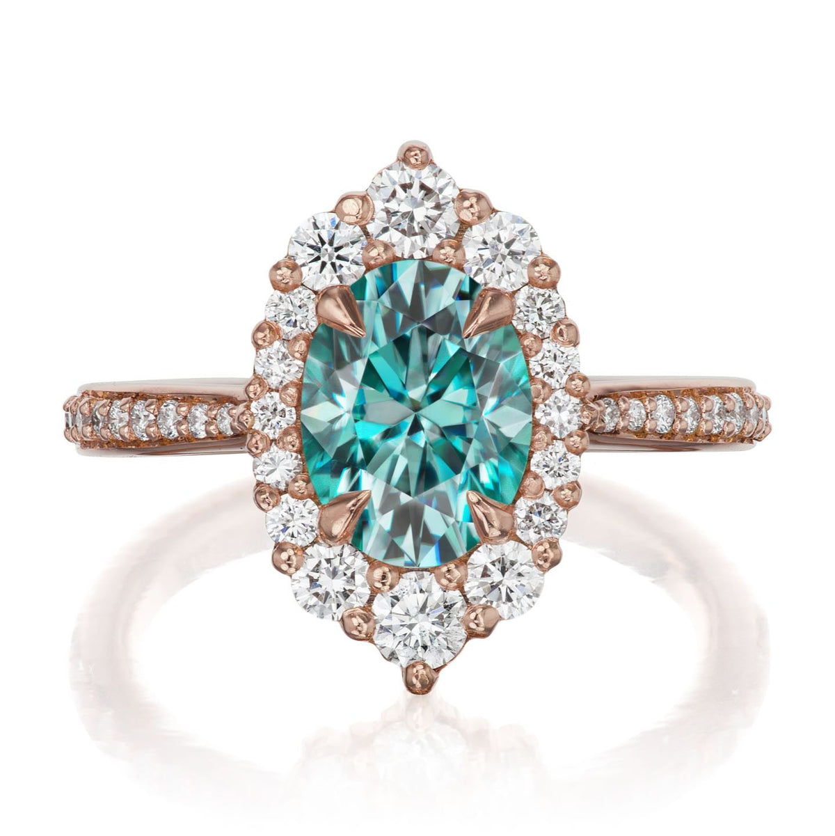 ・SOFIA・Oval Aqua-Teal Iconic™ Moissanite Center, Diamond Halo (1.93ctw+)