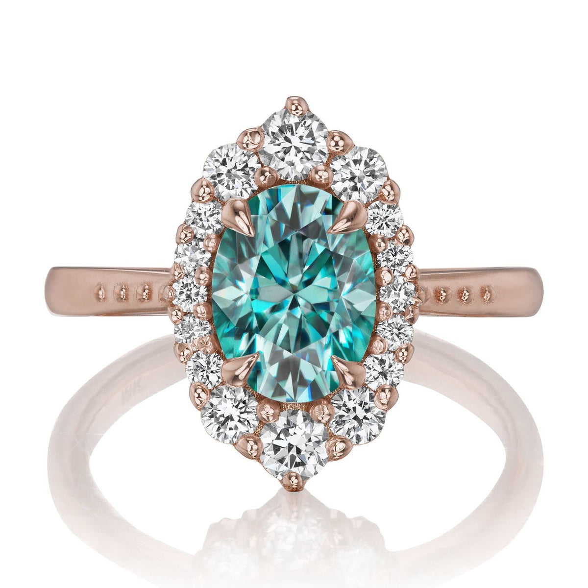 ・SOFIA・Oval Aqua-Teal Iconic™ Moissanite Center, Diamond Halo (1.93ctw+)