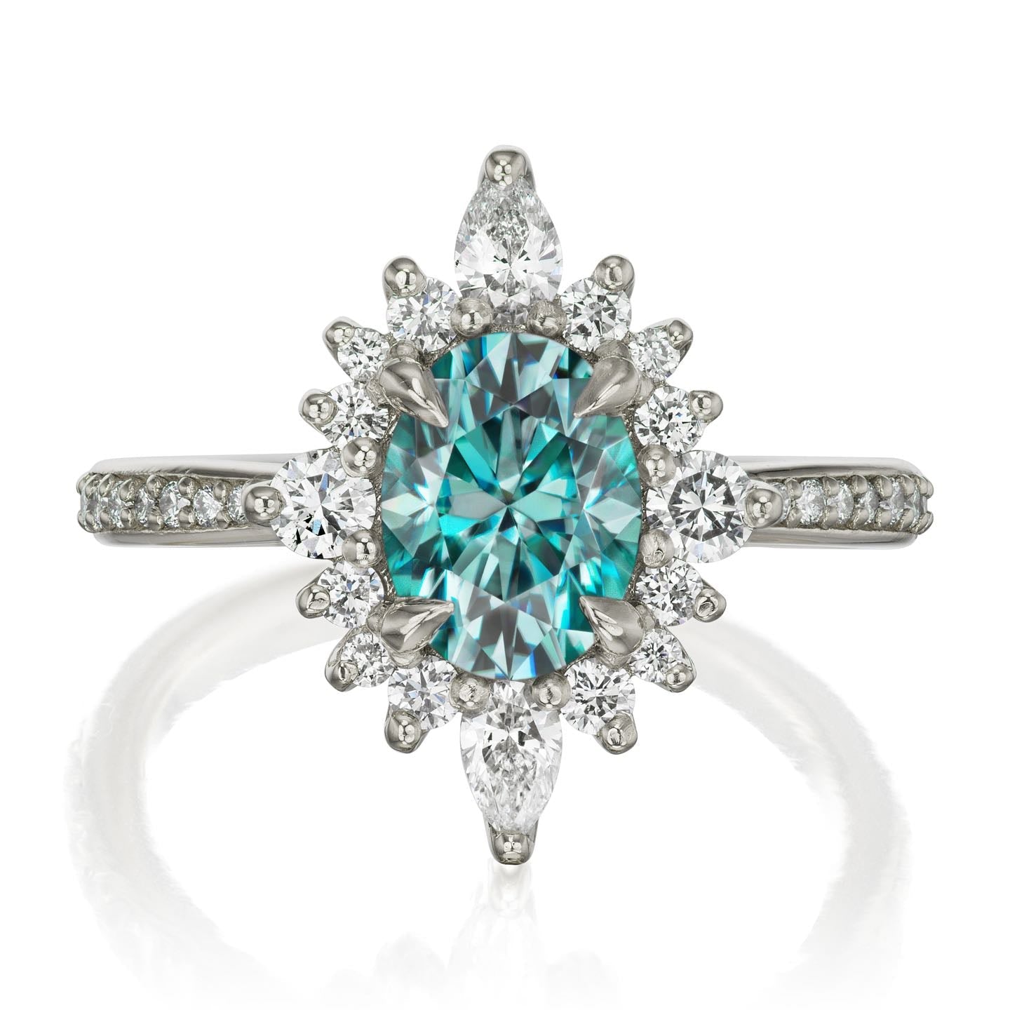 ・ANIKA・Oval Aqua-Teal Iconic™ Moissanite Center, Diamond Halo (1.98ctw+)