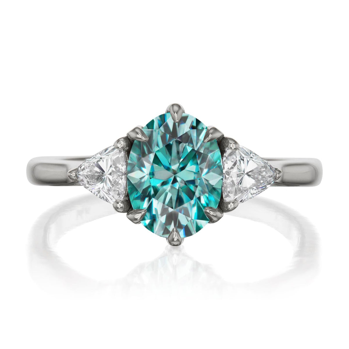 ・JUNO・Oval Aqua-Teal Iconic™ Moissanite Center, Trillion Diamonds (1.92ctw)
