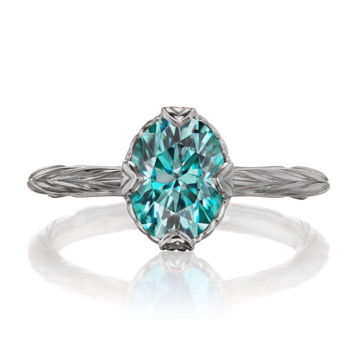 ・OLIVIA・Oval Aqua-Teal Iconic™ Moissanite, Willow Leaf Band (1.5ct)