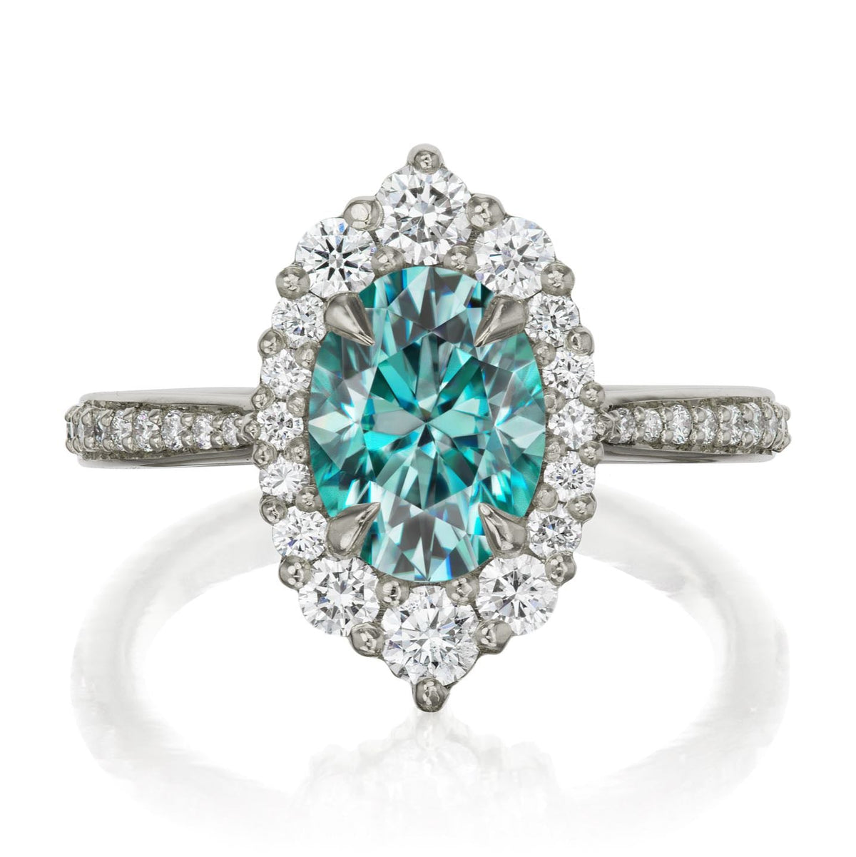 ・SOFIA・Oval Aqua-Teal Iconic™ Moissanite Center, Diamond Halo (1.93ctw+)