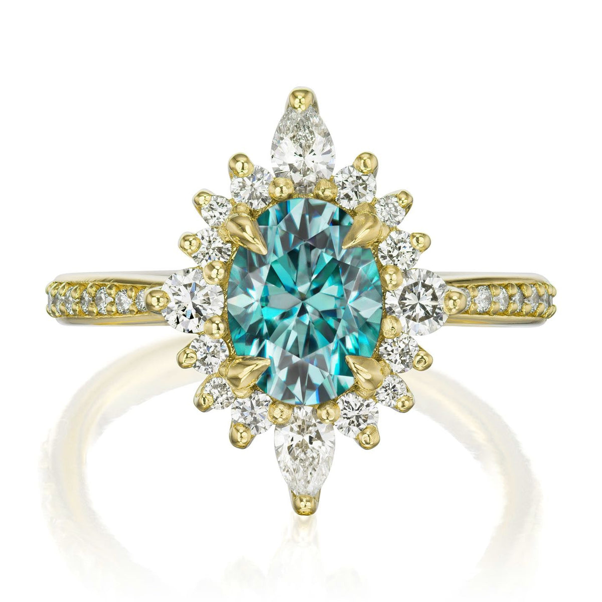 ・ANIKA・Oval Aqua-Teal Iconic™ Moissanite Center, Diamond Halo (1.98ctw+)