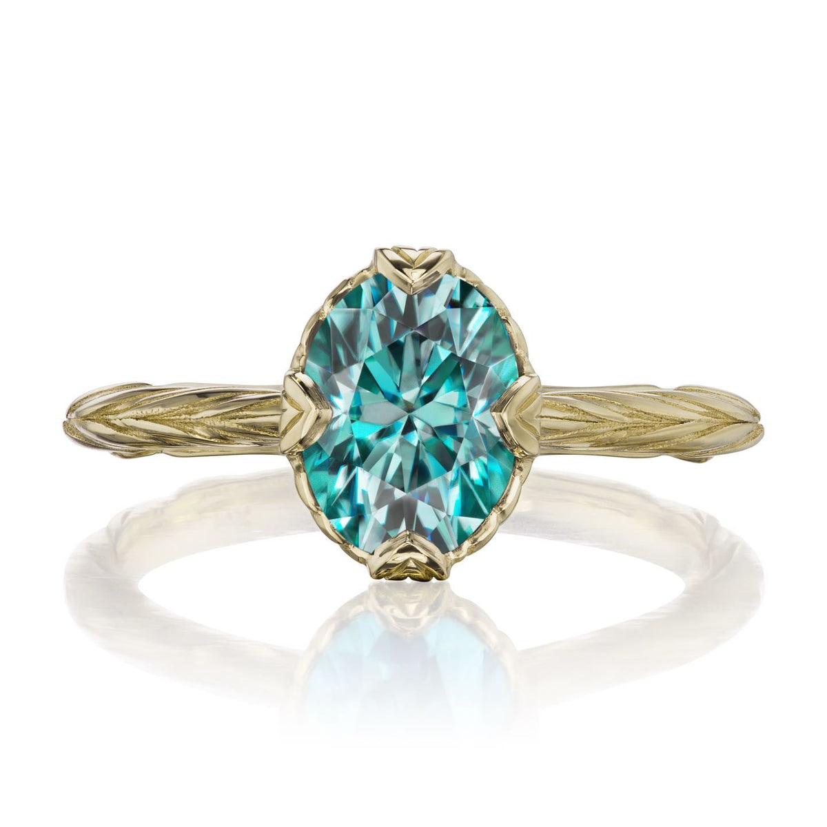 ・OLIVIA・Oval Aqua-Teal Iconic™ Moissanite, Willow Leaf Band (1.5ct)