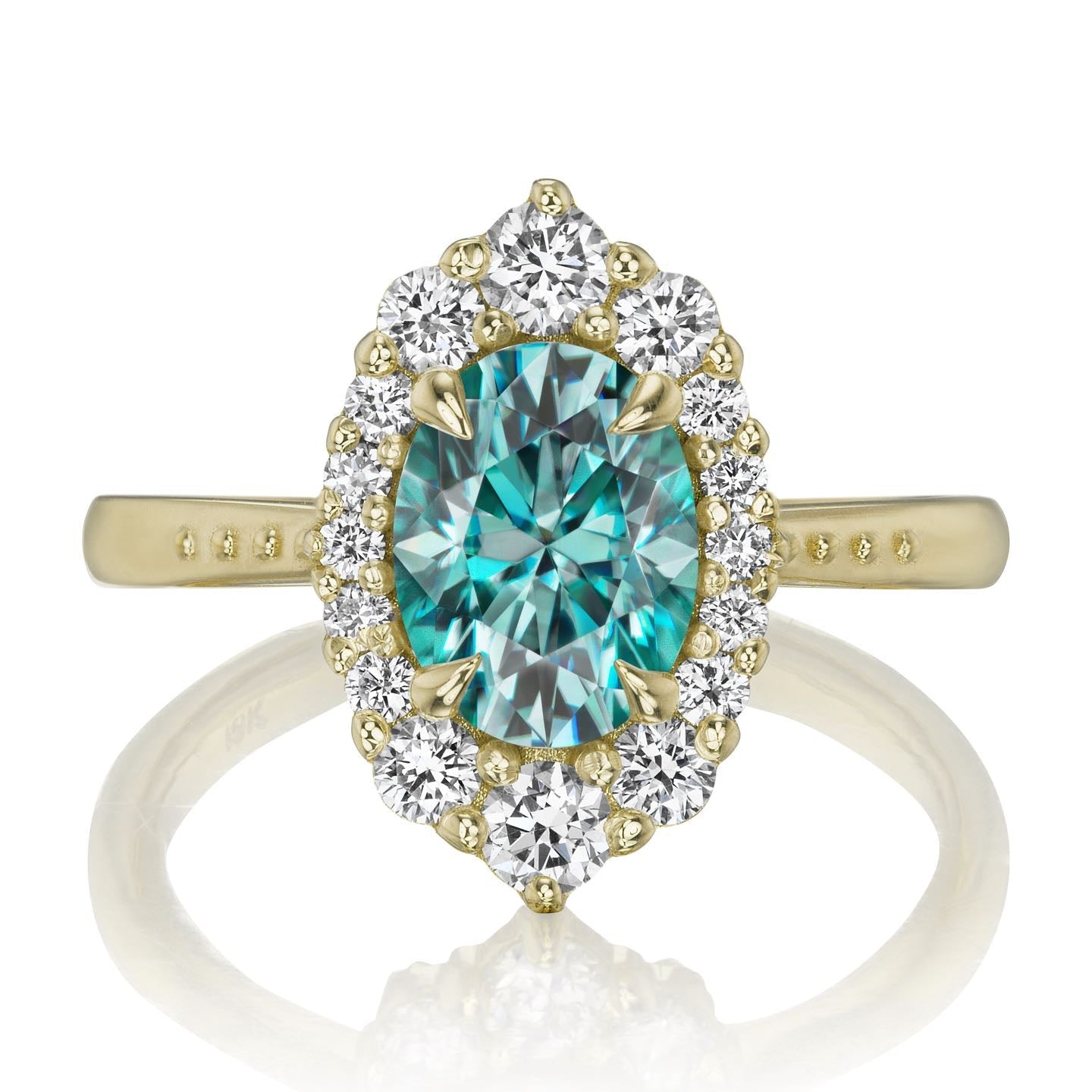 ・SOFIA・Oval Aqua-Teal Iconic™ Moissanite Center, Diamond Halo (1.93ctw+)