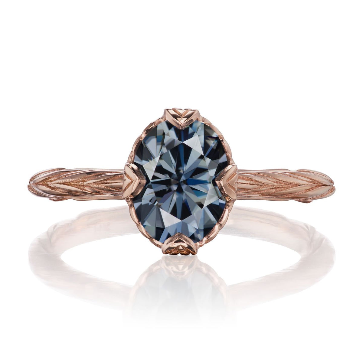 ・OLIVIA・Oval Iconic™ Dark Grey Moissanite, Willow Leaf Band (1.5ct)