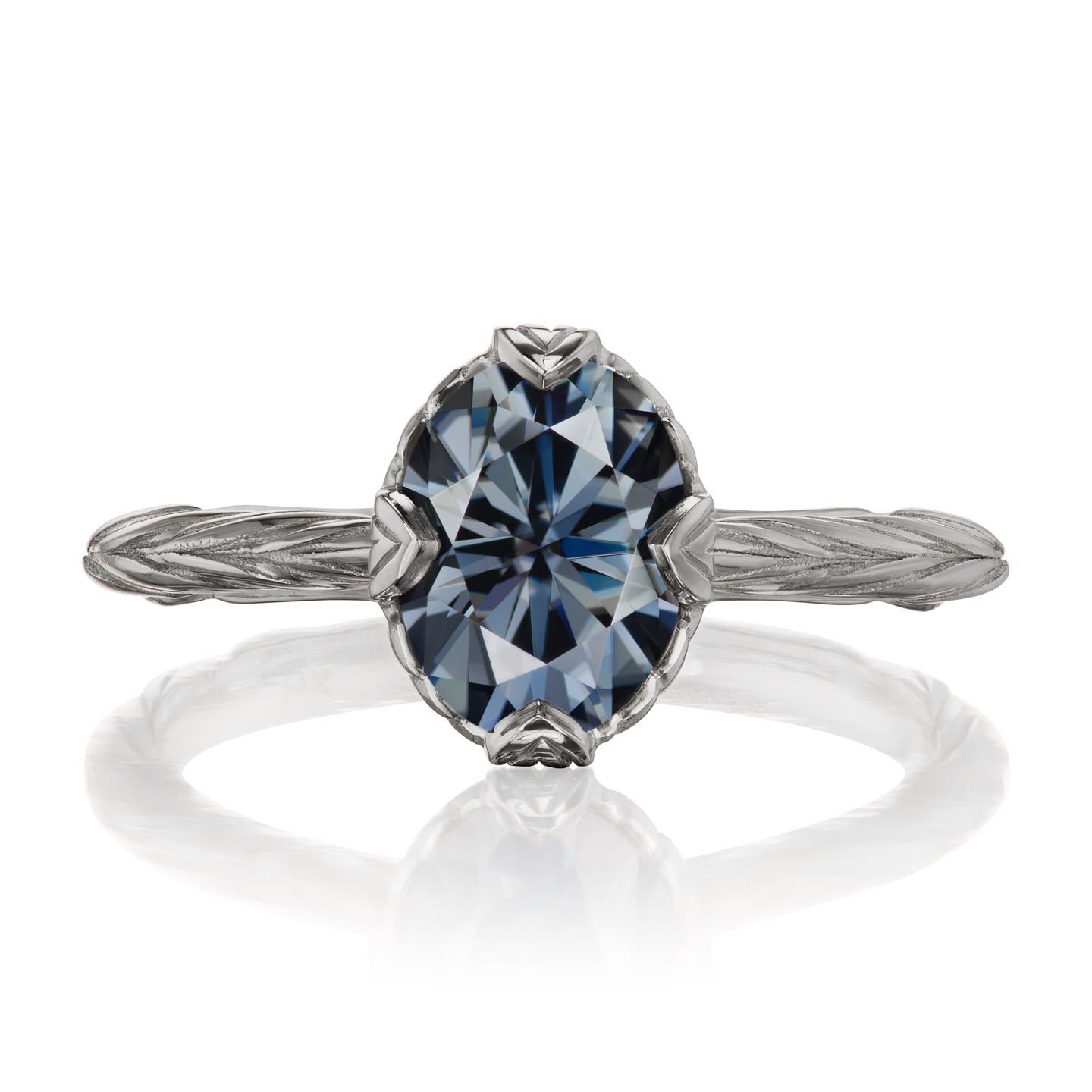 ・OLIVIA・Oval Iconic™ Dark Grey Moissanite, Willow Leaf Band (1.5ct)