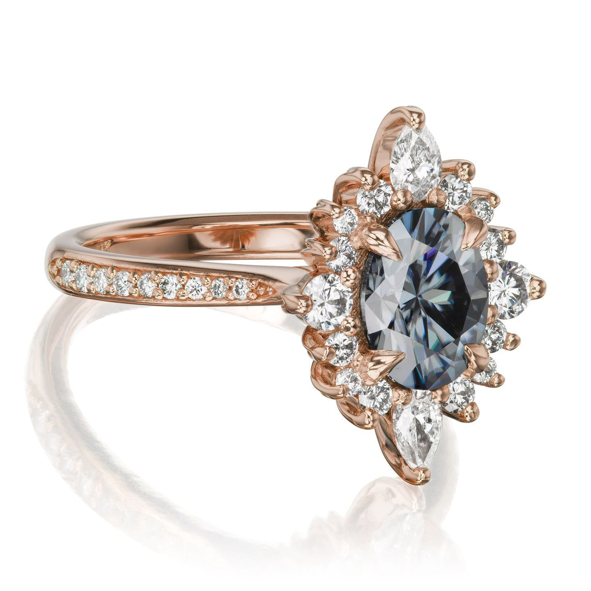 ・ANIKA・Oval Iconic™ Grey Moissanite Center, Diamond Halo (1.98ctw+)