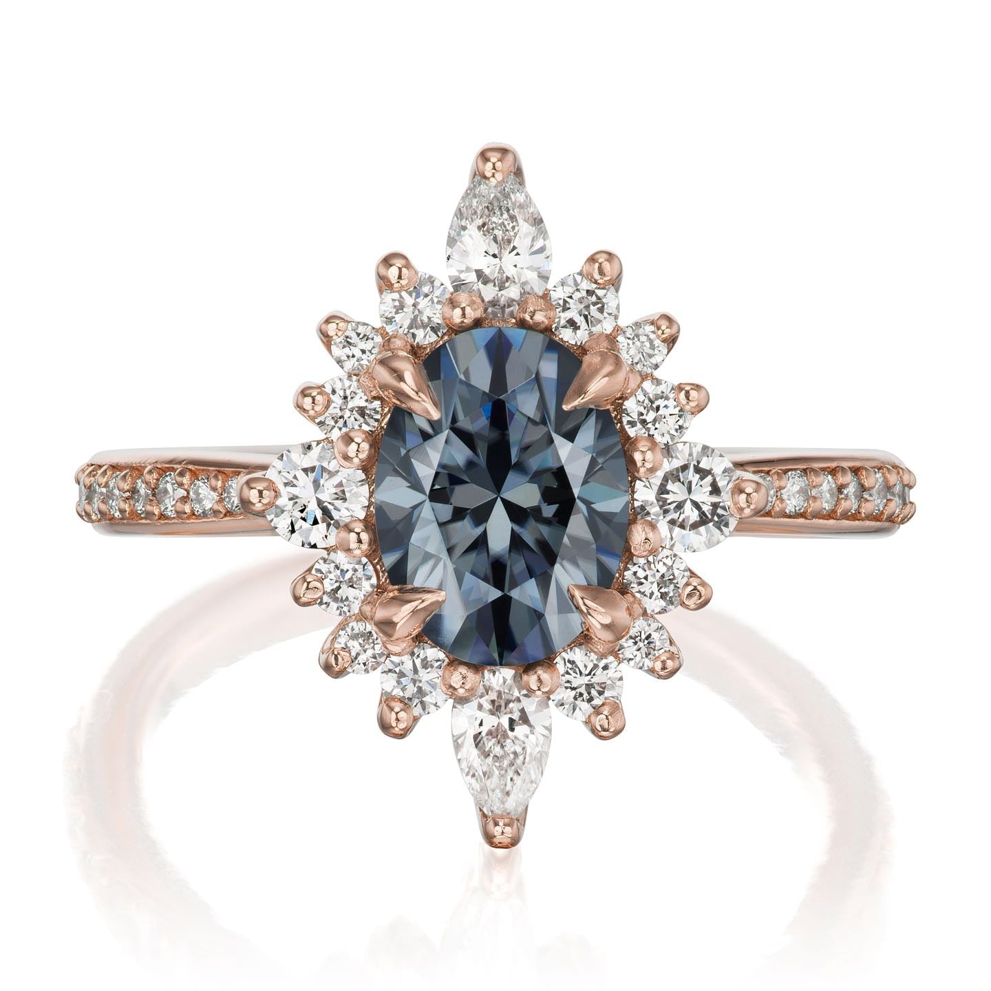 ・ANIKA・Oval Iconic™ Grey Moissanite Center, Diamond Halo (1.98ctw+)
