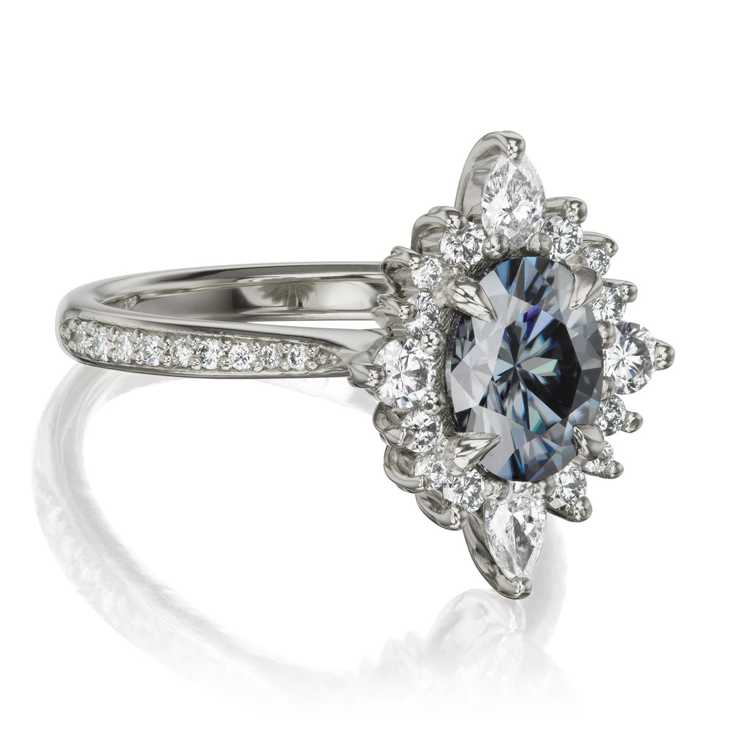 ・ANIKA・Oval Iconic™ Grey Moissanite Center, Diamond Halo (1.98ctw+)