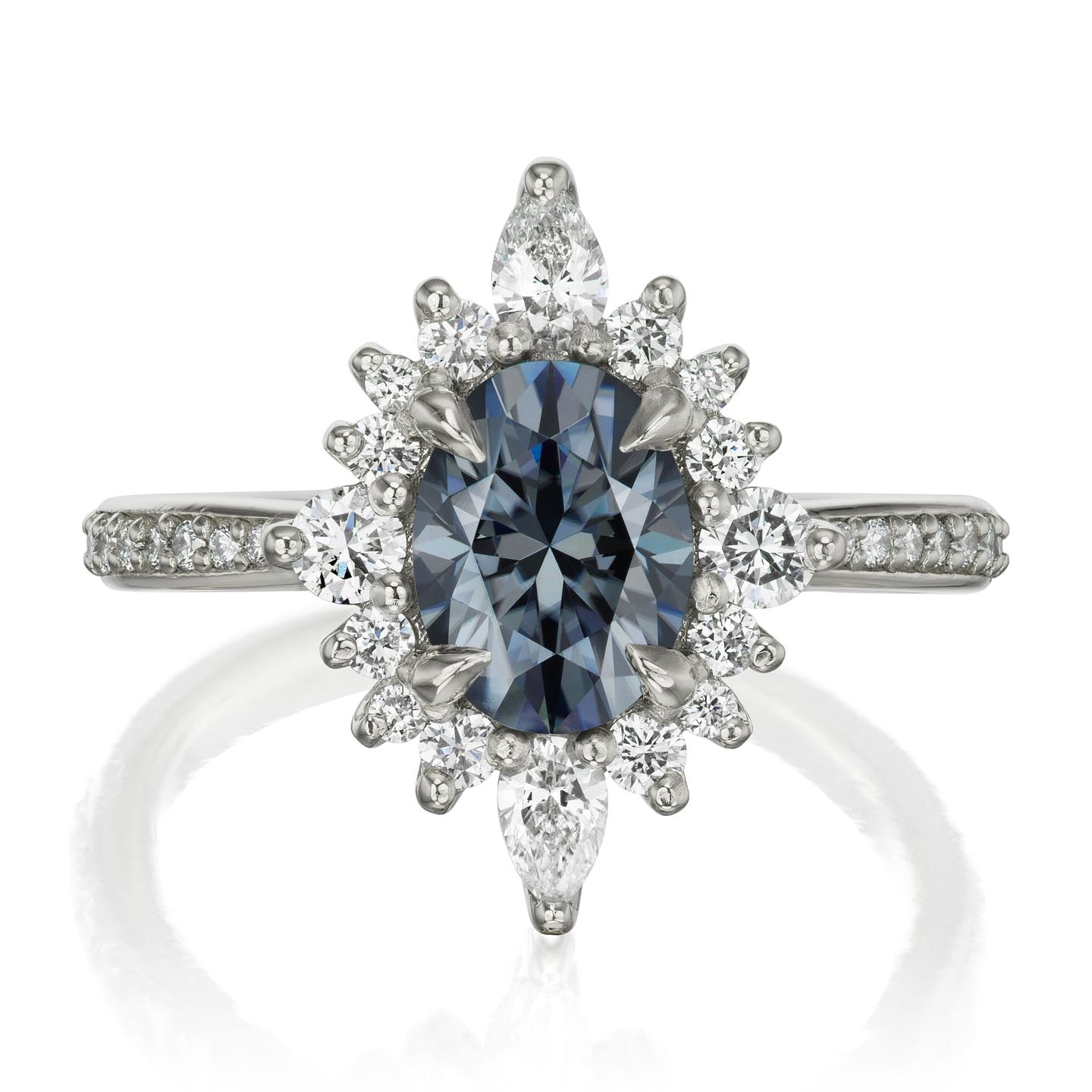 ・ANIKA・Oval Iconic™ Grey Moissanite Center, Diamond Halo (1.98ctw+)