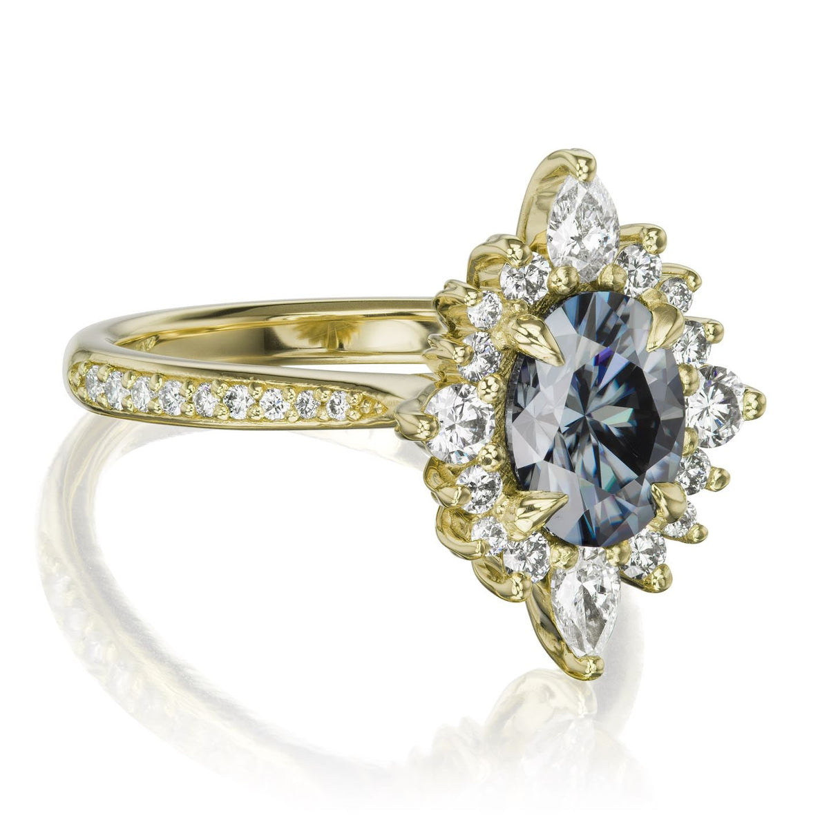 ・ANIKA・Oval Iconic™ Grey Moissanite Center, Diamond Halo (1.98ctw+)