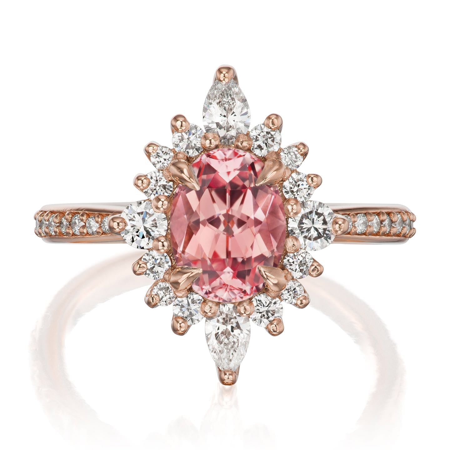 ・ANIKA・Oval Peach Sapphire Center, Diamond Halo (2.23ctw+)