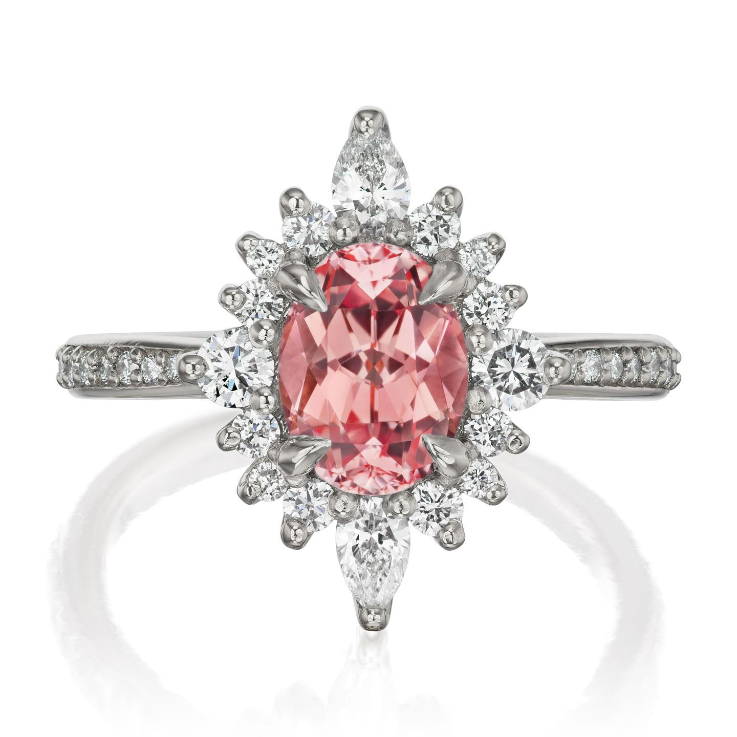 ・ANIKA・Oval Peach Sapphire Center, Diamond Halo (2.23ctw+)