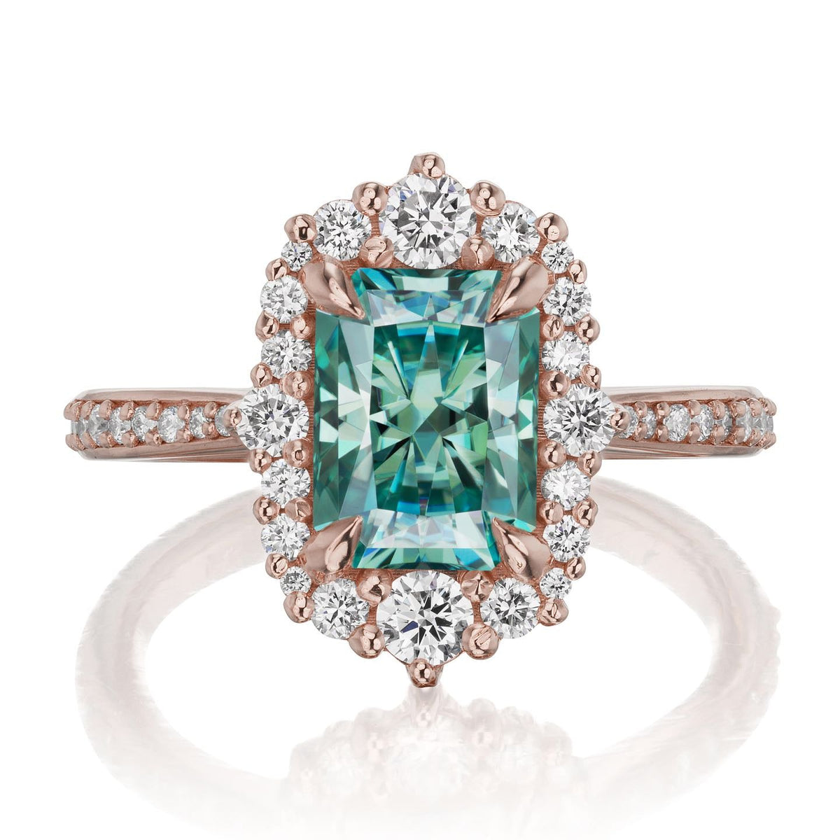 ・ADELINE・Radiant Cut Aqua-Teal Iconic™ Moissanite Center, Diamond Halo (2.21ctw+)