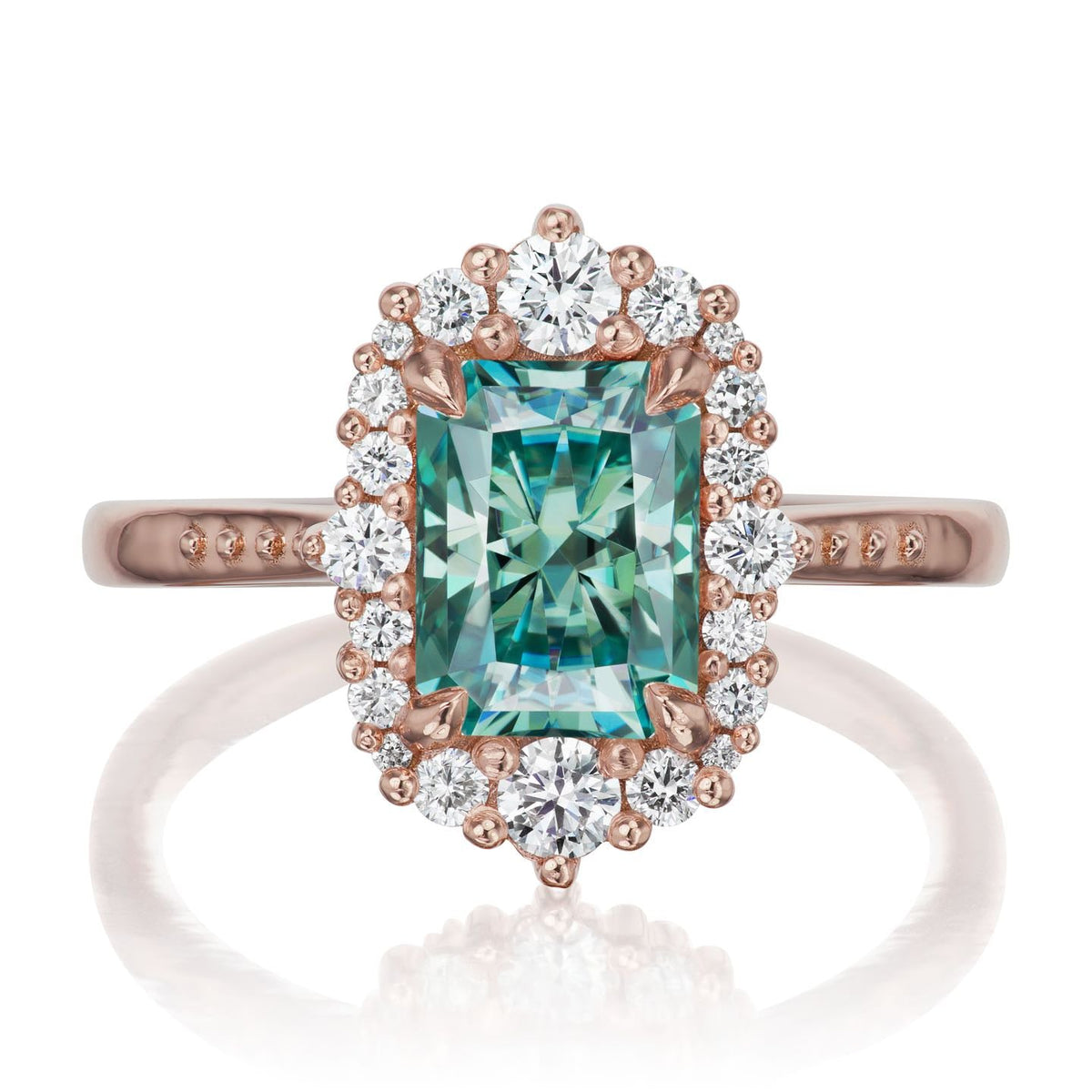 ・ADELINE・Radiant Cut Aqua-Teal Iconic™ Moissanite Center, Diamond Halo (2.21ctw+)