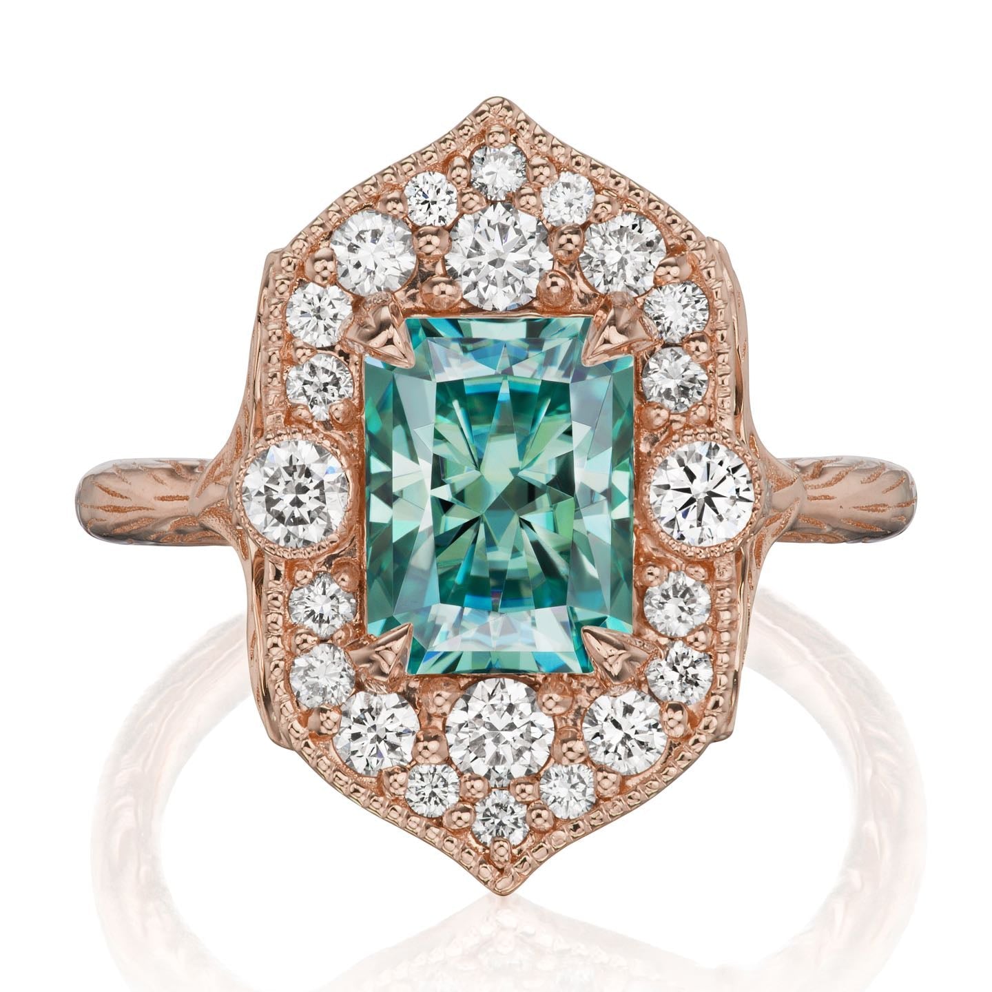 ・ESTELLA・Radiant Iconic™ Aqua-Teal Moissanite Center, Diamond Halo (2.35ctw)