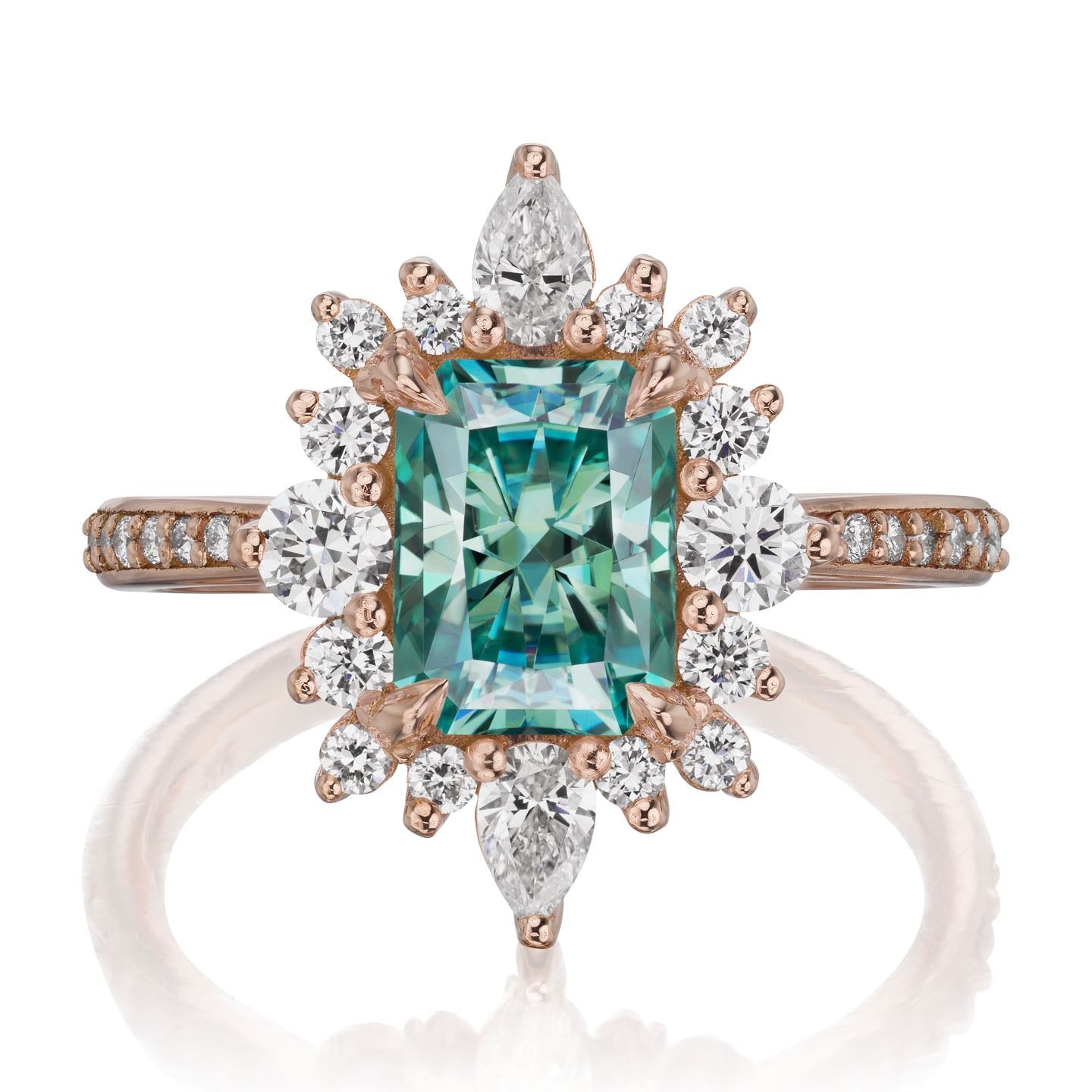 ・TALIA・Radiant Cut Aqua-Teal Iconic™ Moissanite Center, Diamond Halo (2.38ctw+)