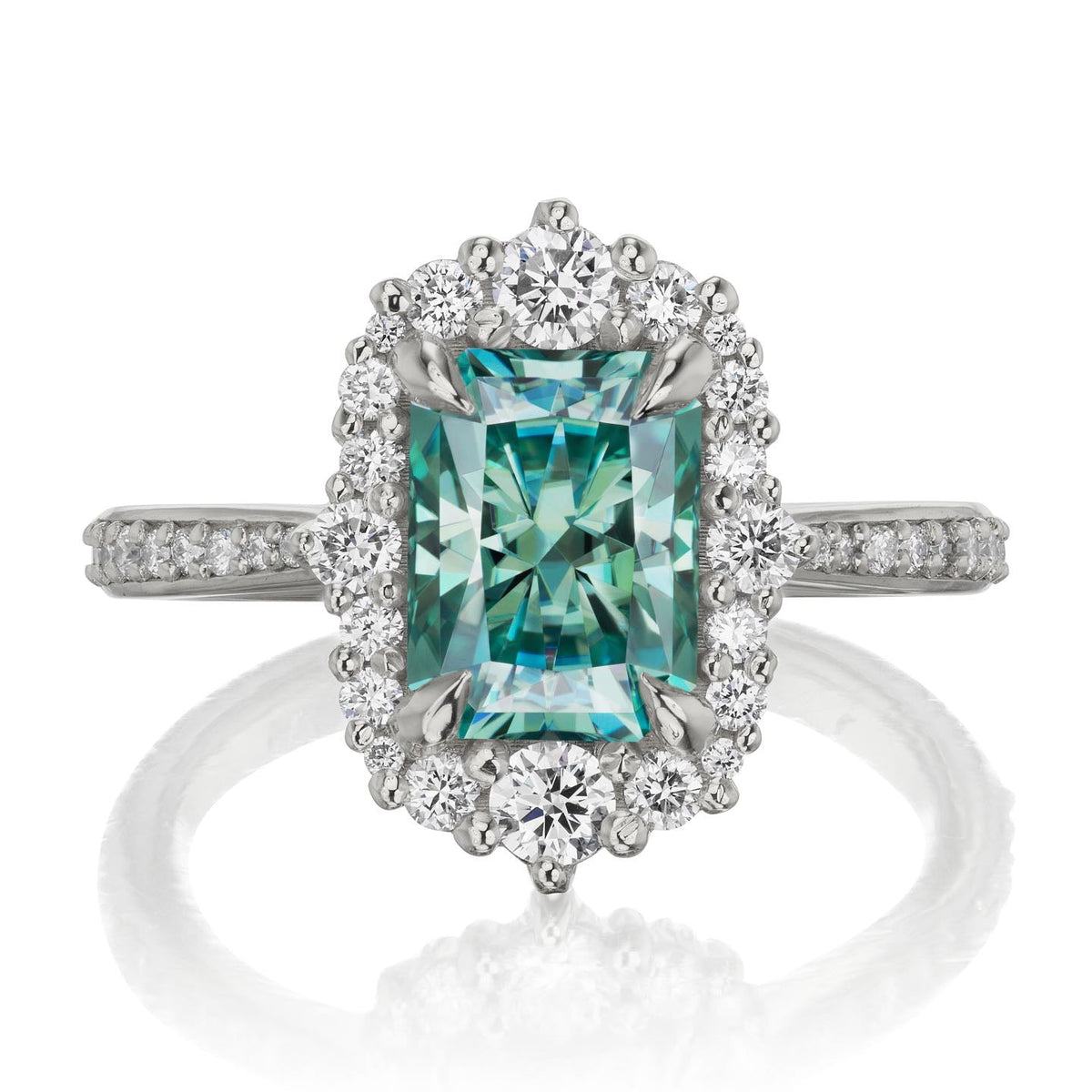 ・ADELINE・Radiant Cut Aqua-Teal Iconic™ Moissanite Center, Diamond Halo (2.21ctw+)