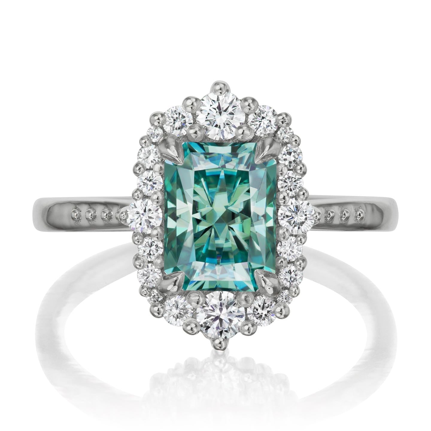 ・ADELINE・Radiant Cut Aqua-Teal Iconic™ Moissanite Center, Diamond Halo (2.21ctw+)