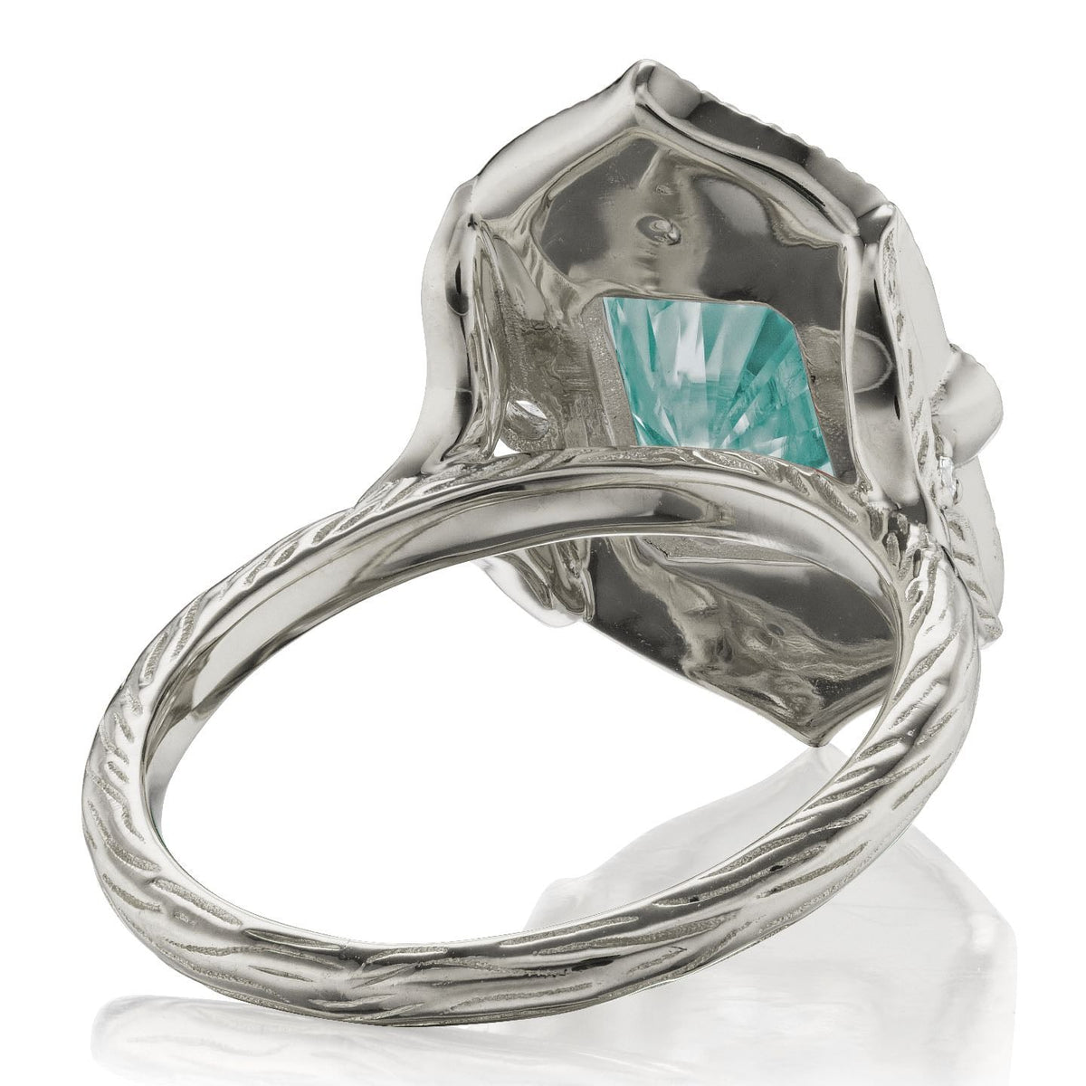 ・ESTELLA・Radiant Iconic™ Aqua-Teal Moissanite Center, Diamond Halo (2.35ctw)