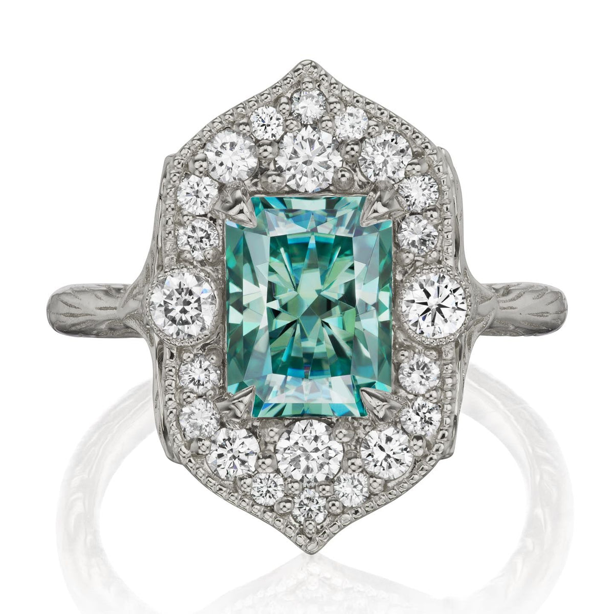 ・ESTELLA・Radiant Iconic™ Aqua-Teal Moissanite Center, Diamond Halo (2.35ctw)