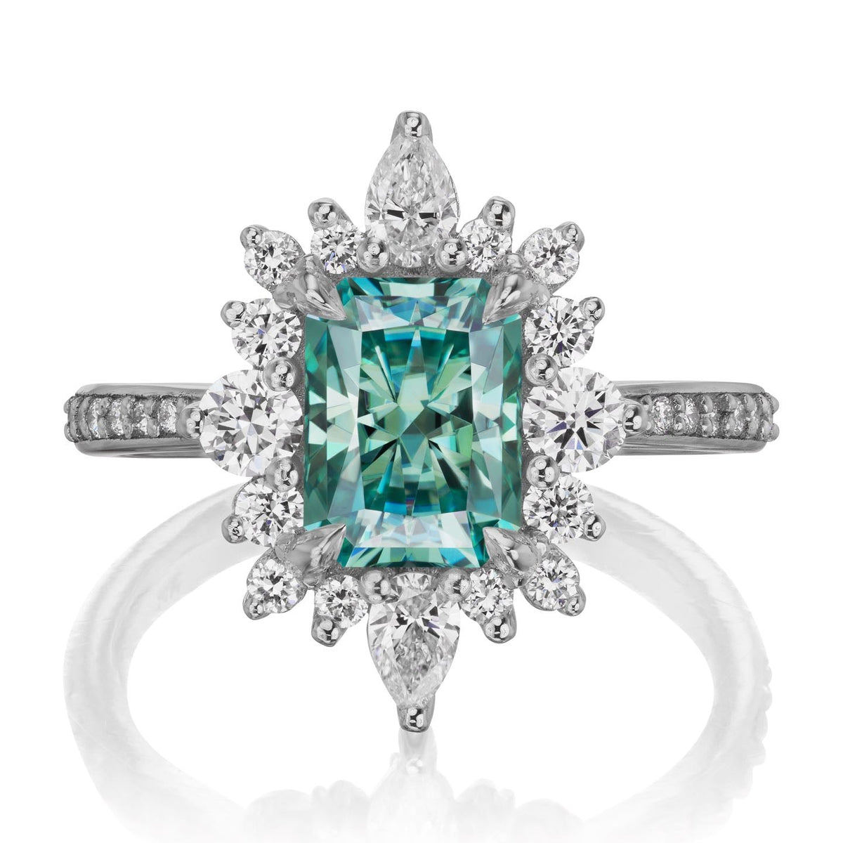 ・TALIA・Radiant Cut Aqua-Teal Iconic™ Moissanite Center, Diamond Halo (2.38ctw+)