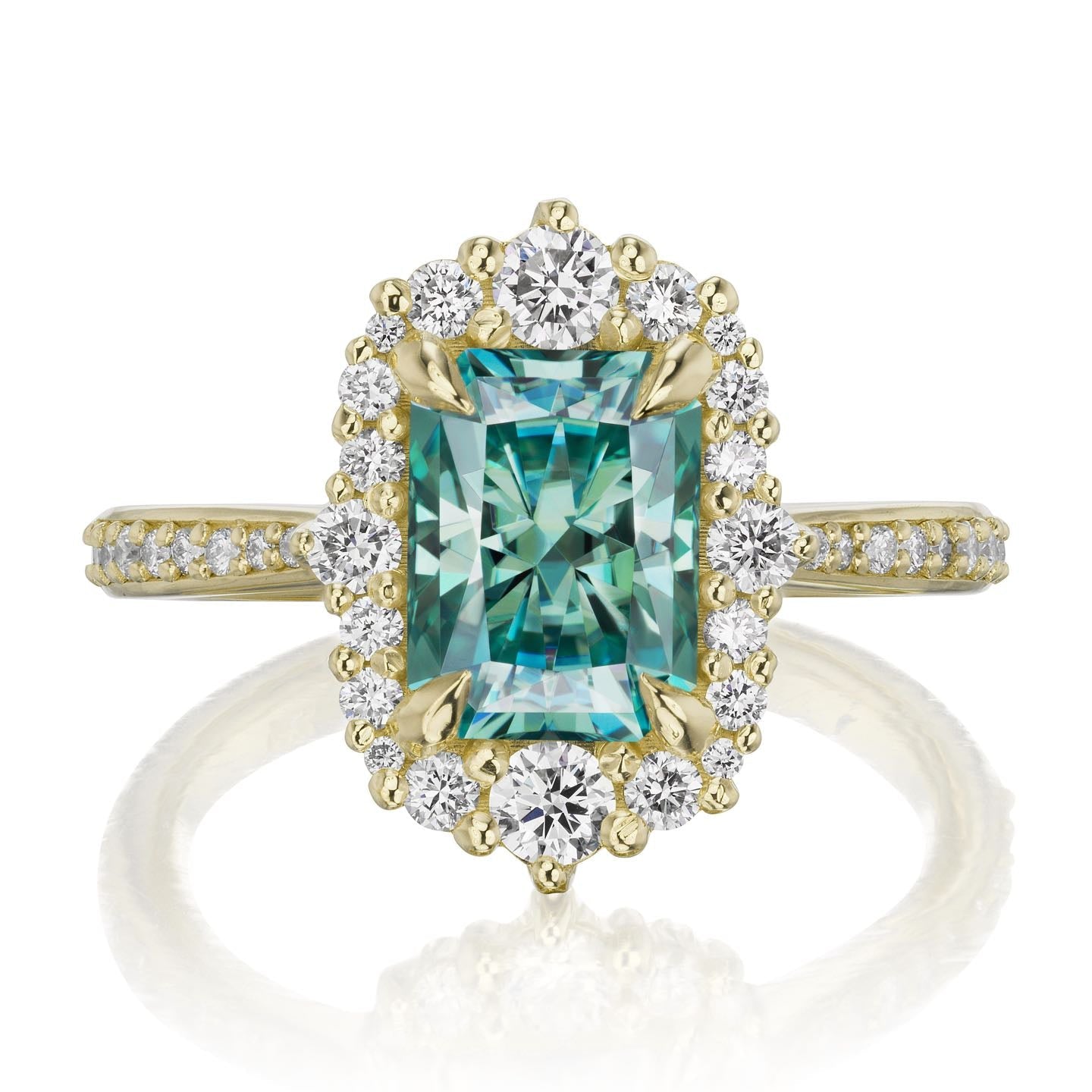 ・ADELINE・Radiant Cut Aqua-Teal Iconic™ Moissanite Center, Diamond Halo (2.21ctw+)