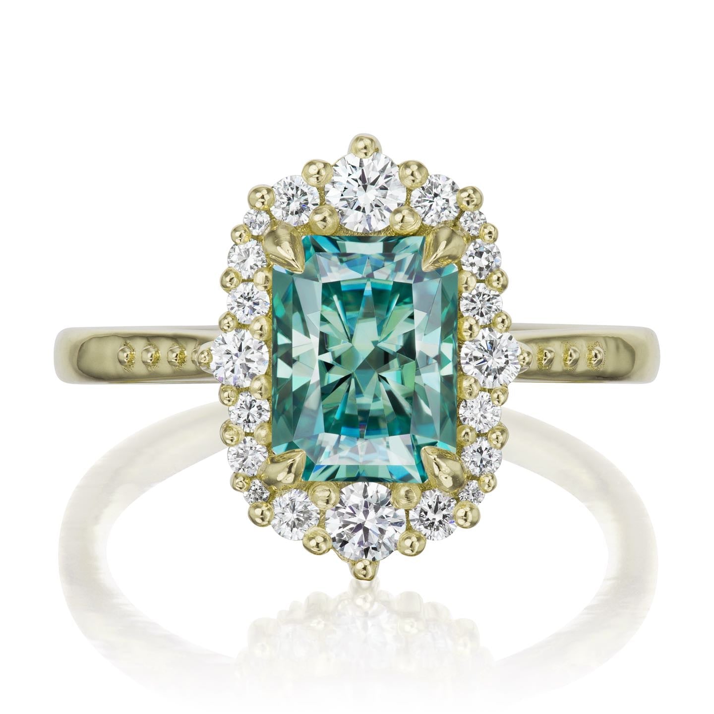 ・ADELINE・Radiant Cut Aqua-Teal Iconic™ Moissanite Center, Diamond Halo (2.21ctw+)