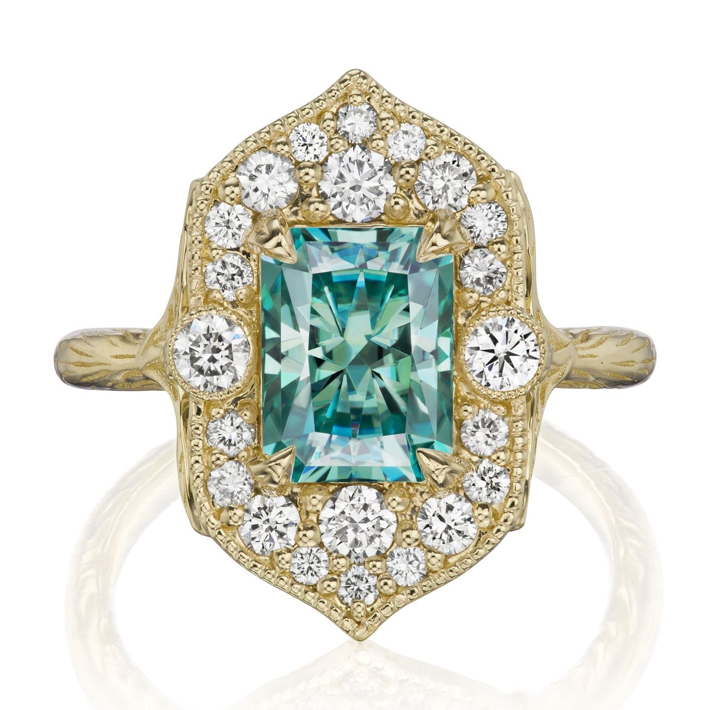 ・ESTELLA・Radiant Iconic™ Aqua-Teal Moissanite Center, Diamond Halo (2.35ctw)