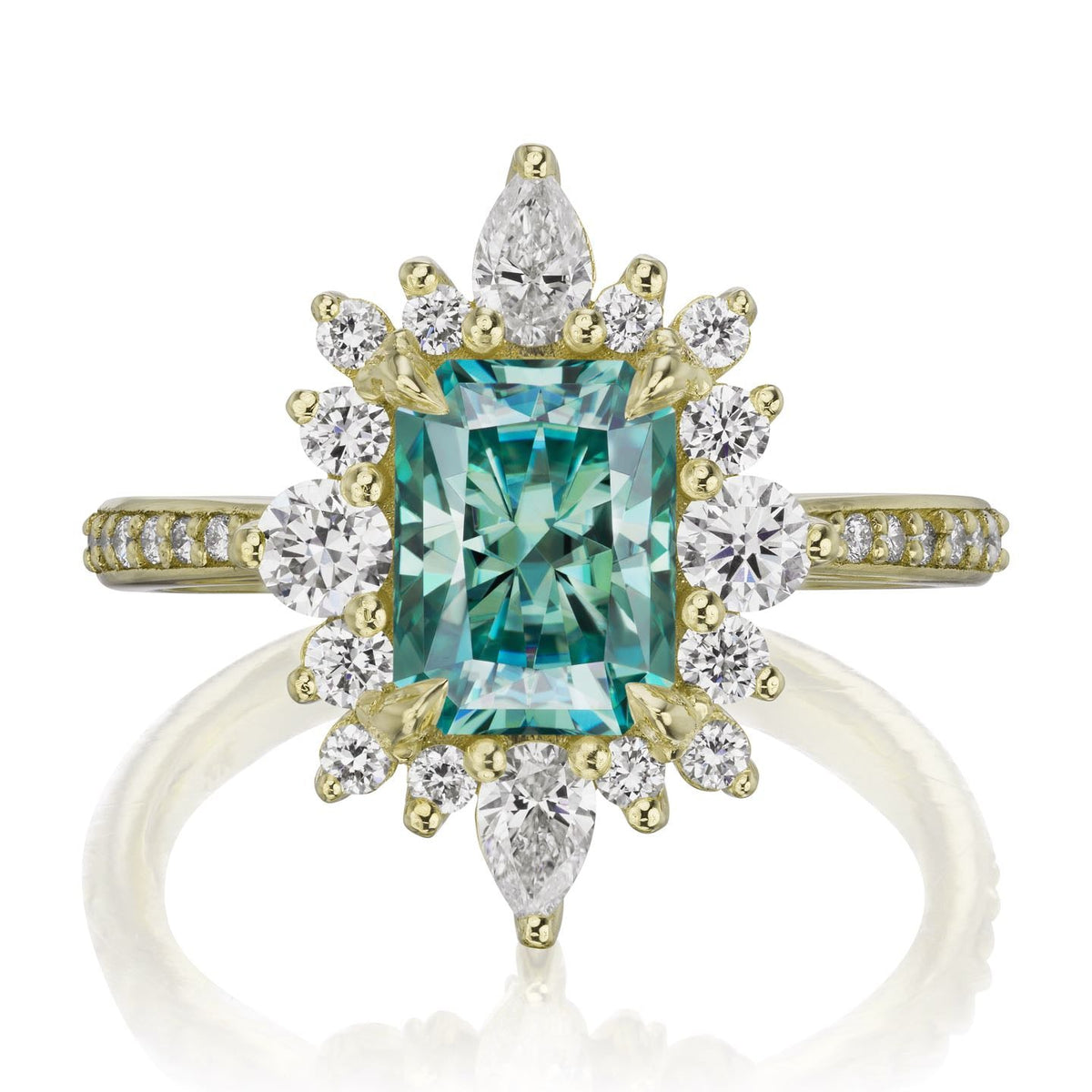 ・TALIA・Radiant Cut Aqua-Teal Iconic™ Moissanite Center, Diamond Halo (2.38ctw+)
