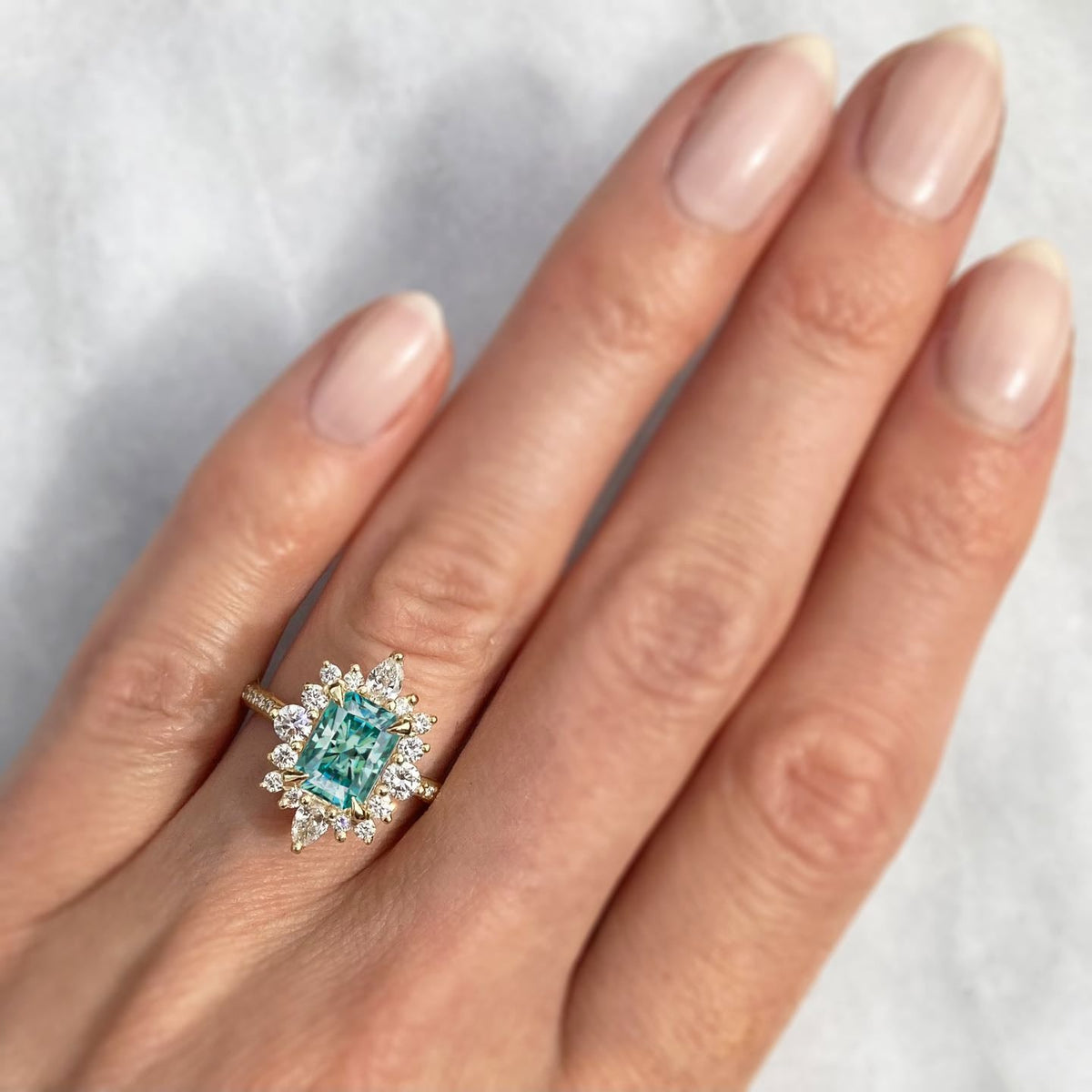 ・TALIA・Radiant Cut Aqua-Teal Iconic™ Moissanite Center, Diamond Halo (2.38ctw+)