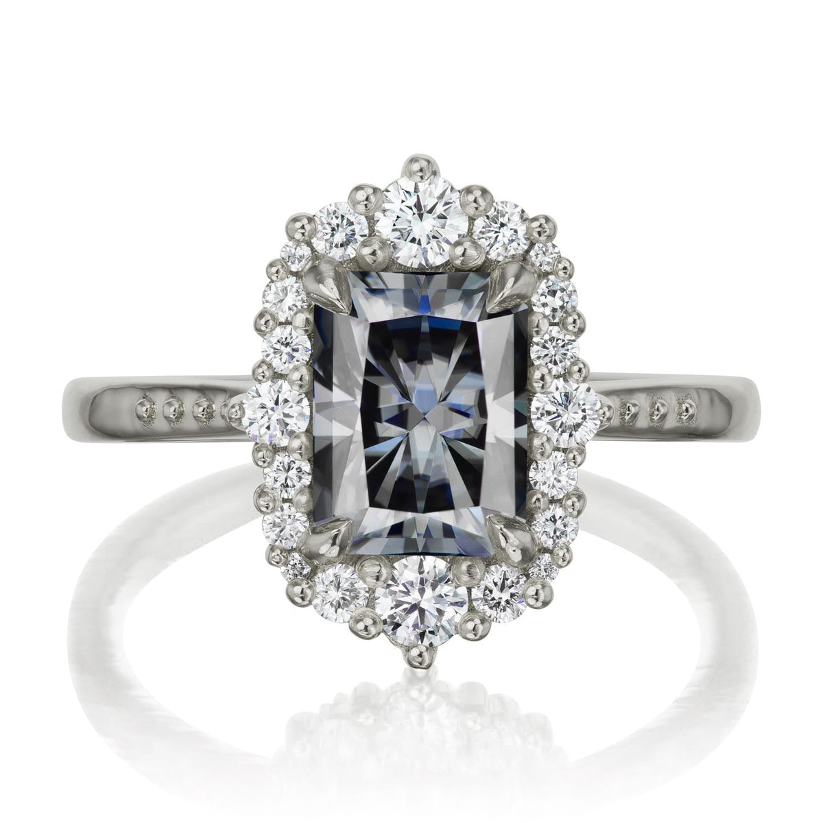 ・ADELINE・Radiant Iconic™ Grey Moissanite Center, Diamond Halo (2.21ctw+)