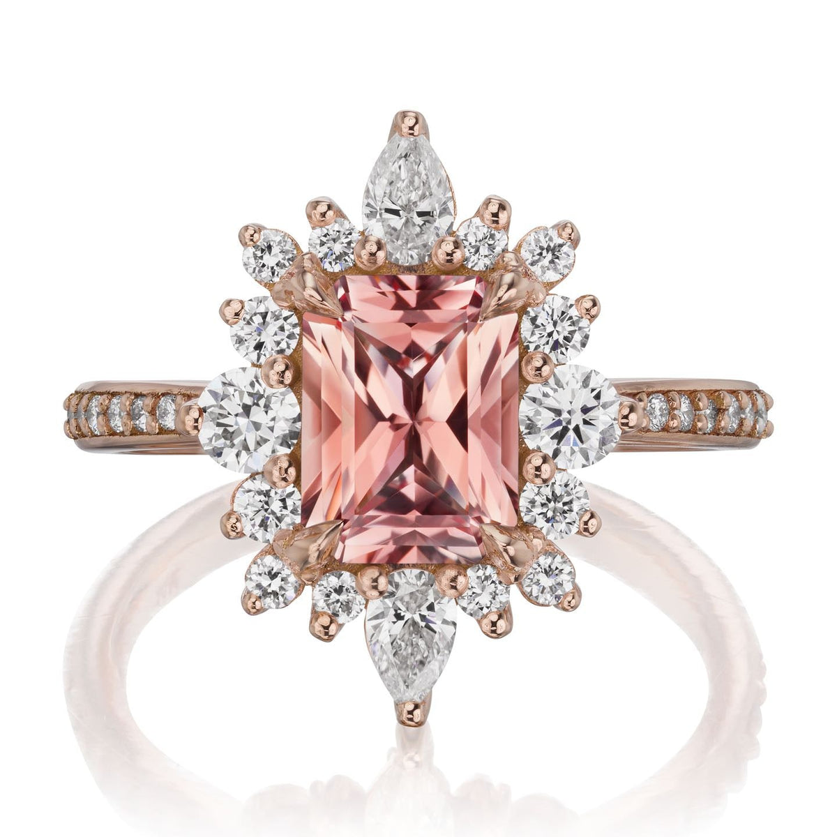 ・TALIA・Radiant Peach Sapphire Center, Diamond Halo (2.48ctw+)