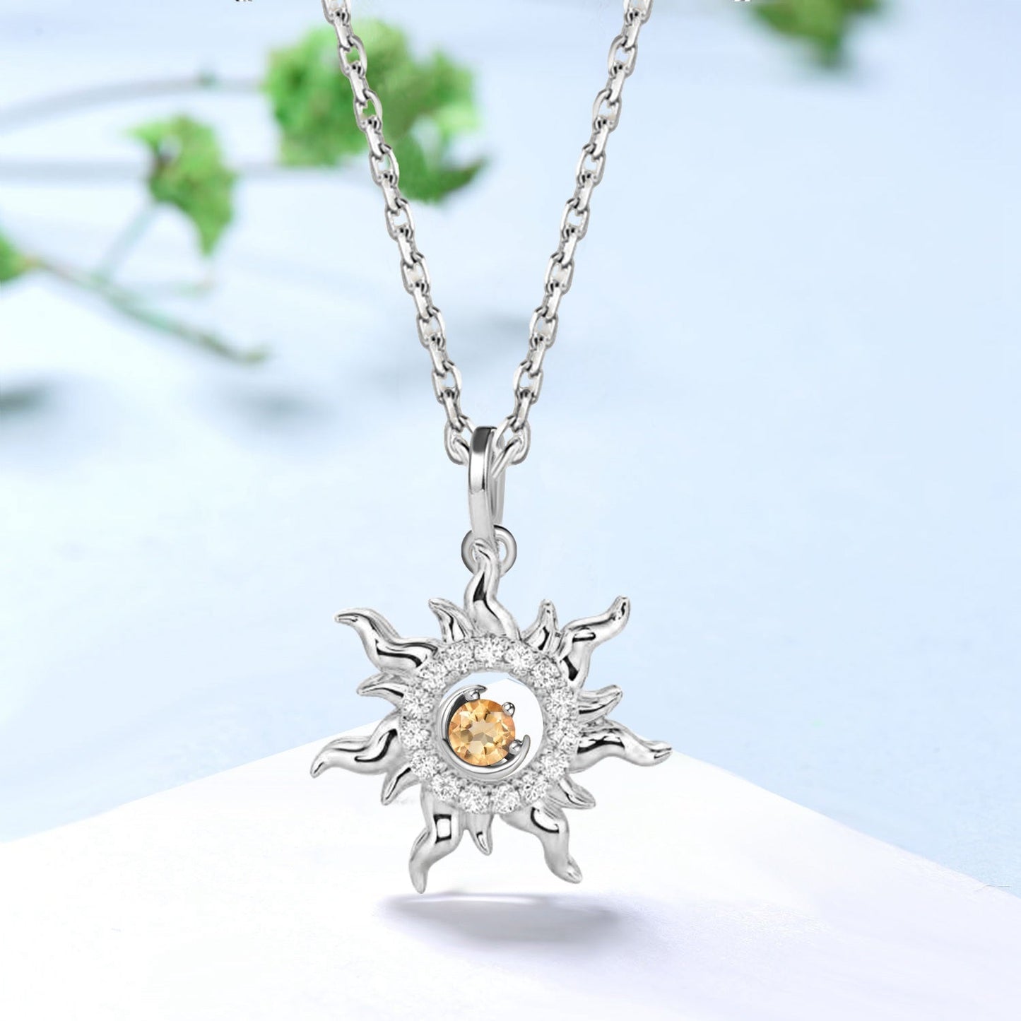 Celestial Sun and Moon Necklace, 14K Gold Sunburst Pendant, Yellow Gemstone Necklace, Dainty Gold Jewelry, Boho Celestial Gift for Her
