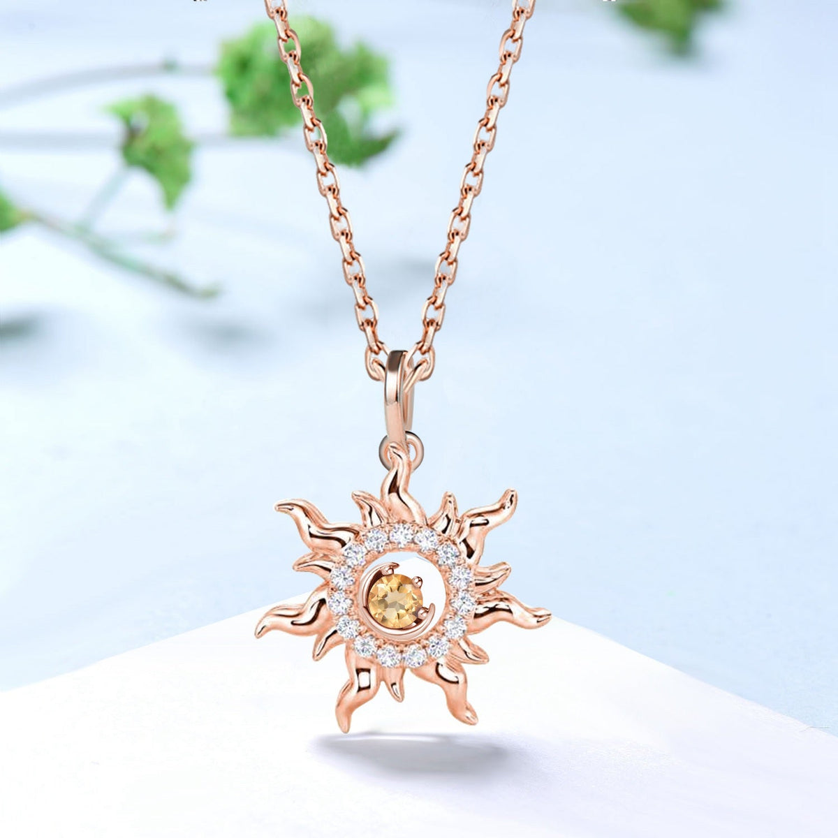 Celestial Sun and Moon Necklace, 14K Gold Sunburst Pendant, Yellow Gemstone Necklace, Dainty Gold Jewelry, Boho Celestial Gift for Her