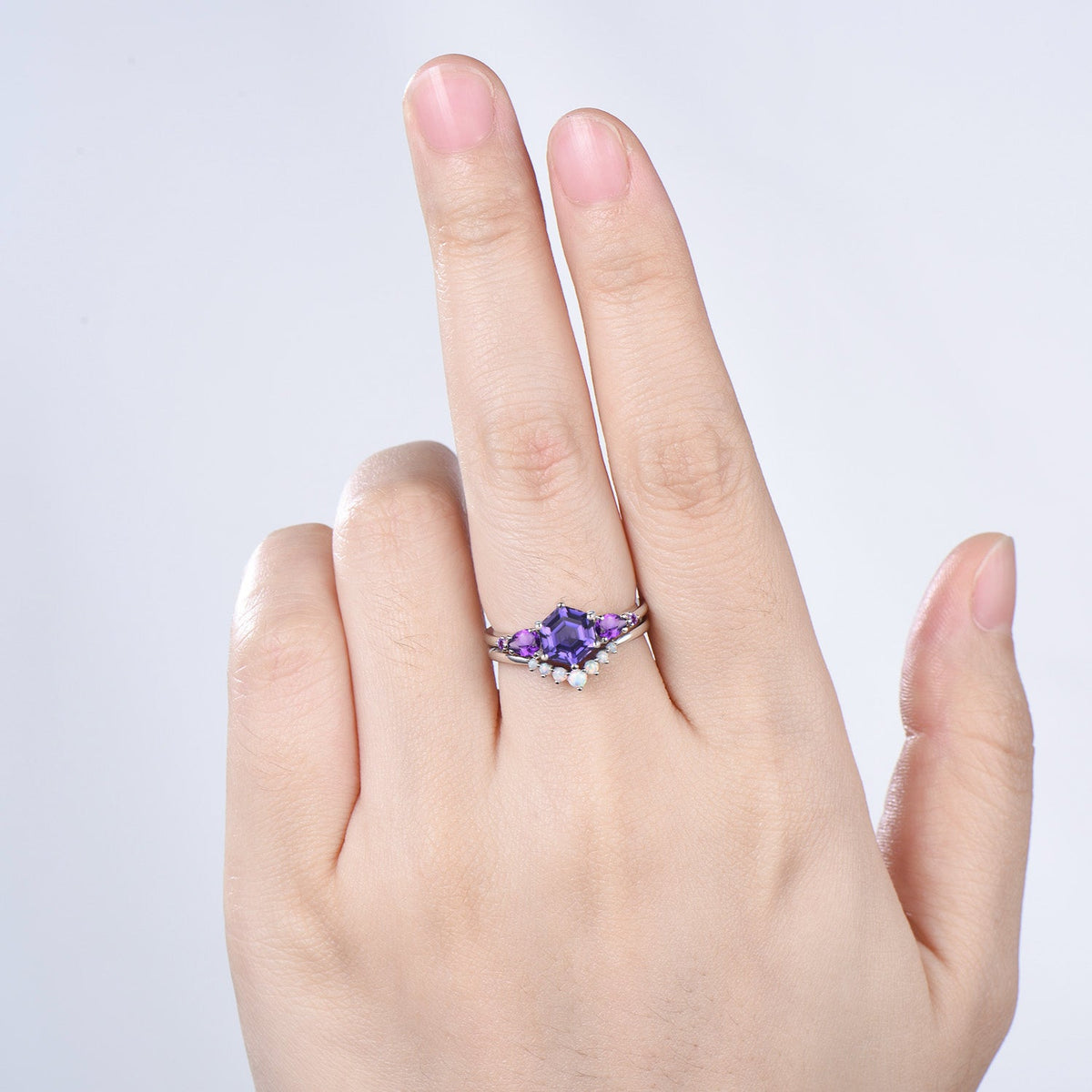 Vintage Hexagon Cut Purple Sapphire Engagement Ring Set, Unique Five Stone Amethyst Promise Ring, Fire Opal Stacking Band