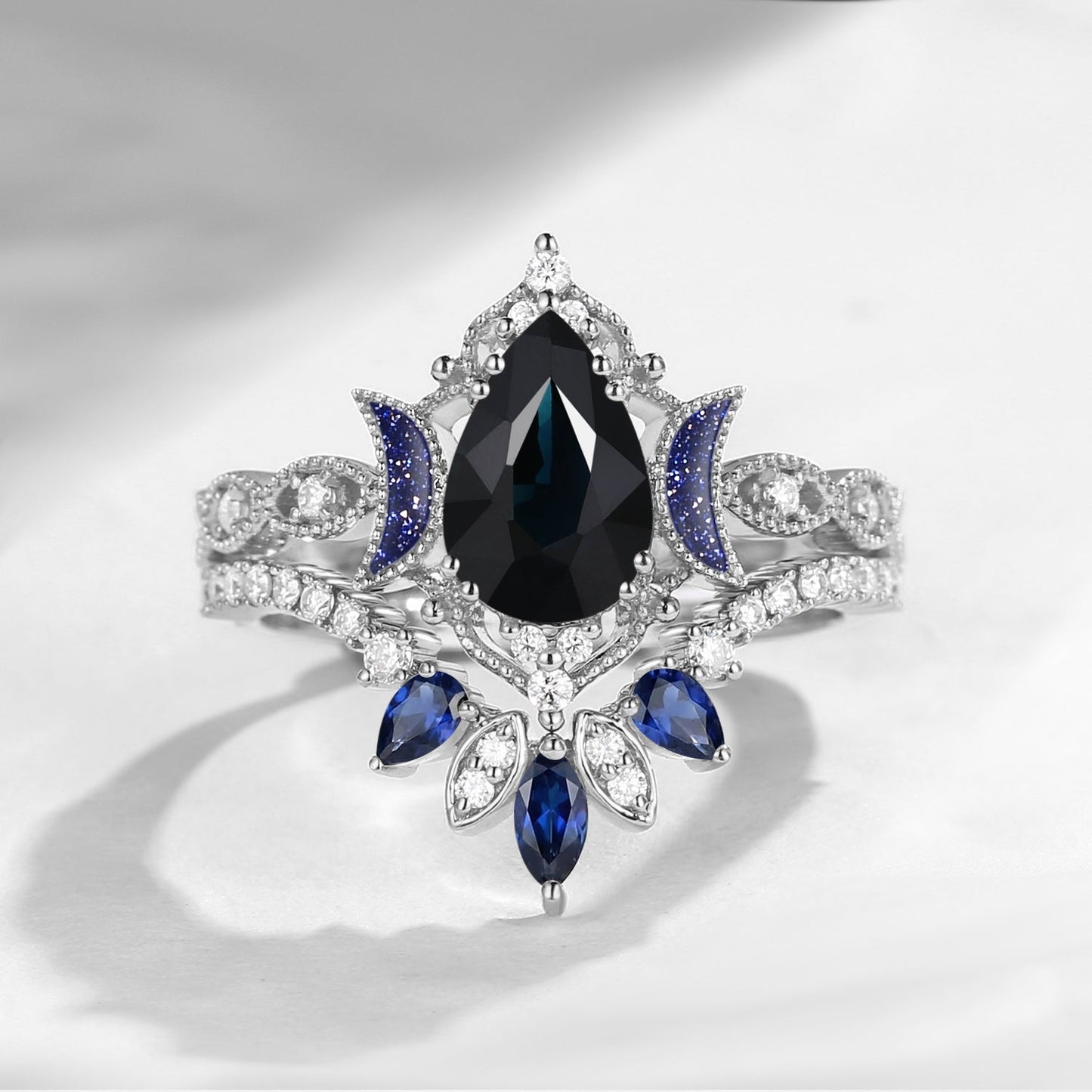 Crescent Moon | Blue Moon Inspired Pear Natural Black Sapphire 'Ultra Galaxy' Engagement Ring Set 2pcs