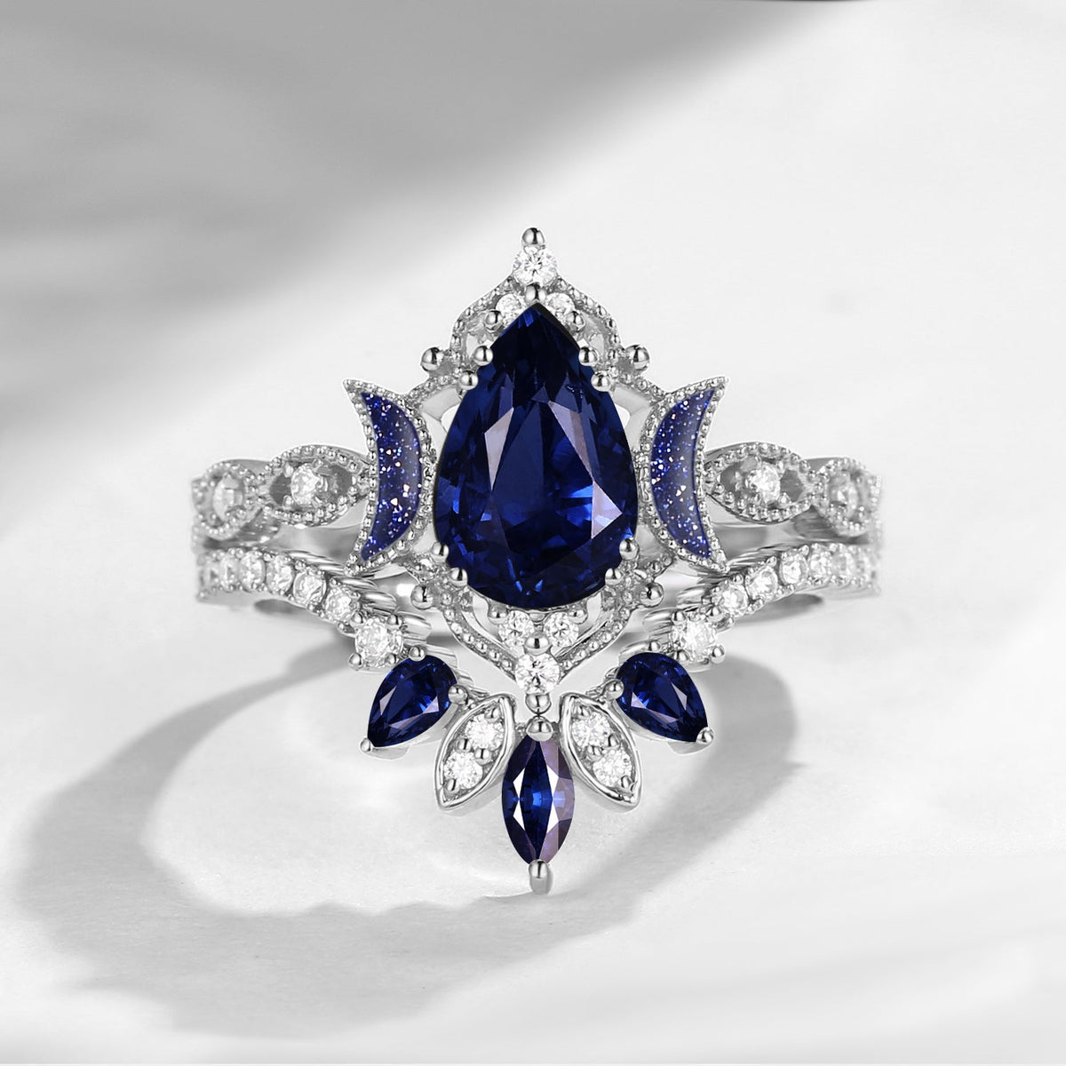 Crescent Moon | Blue Moon Inspired Pear Natural Sapphire 'Ultra Galaxy' Engagement Ring Set 2pcs