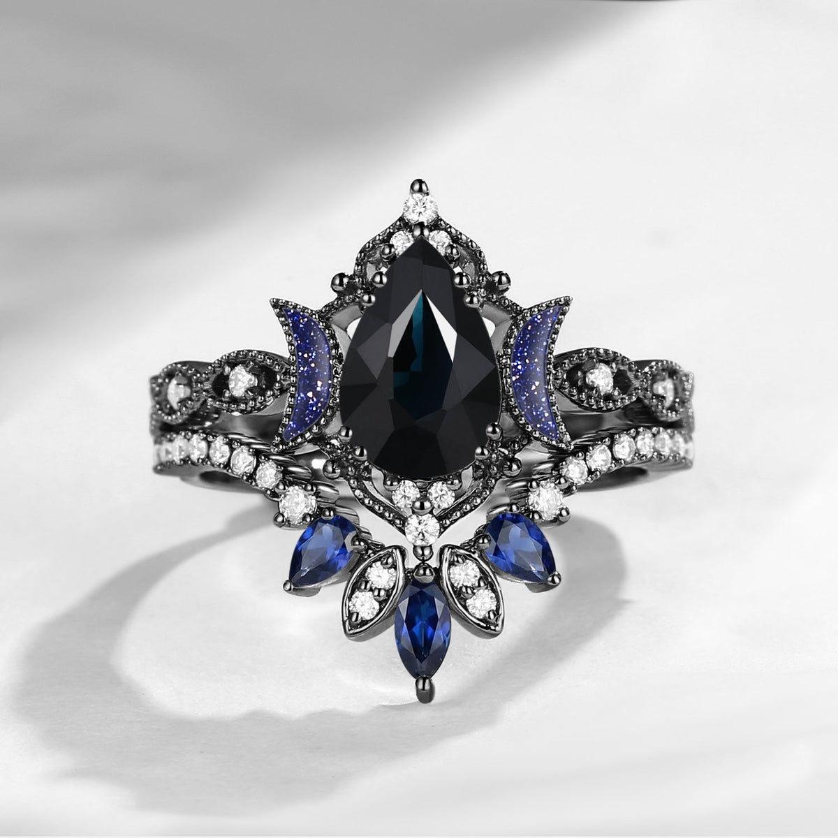 Crescent Moon | Blue Moon Inspired Pear Natural Black Sapphire 'Ultra Galaxy' Engagement Ring Set 2pcs