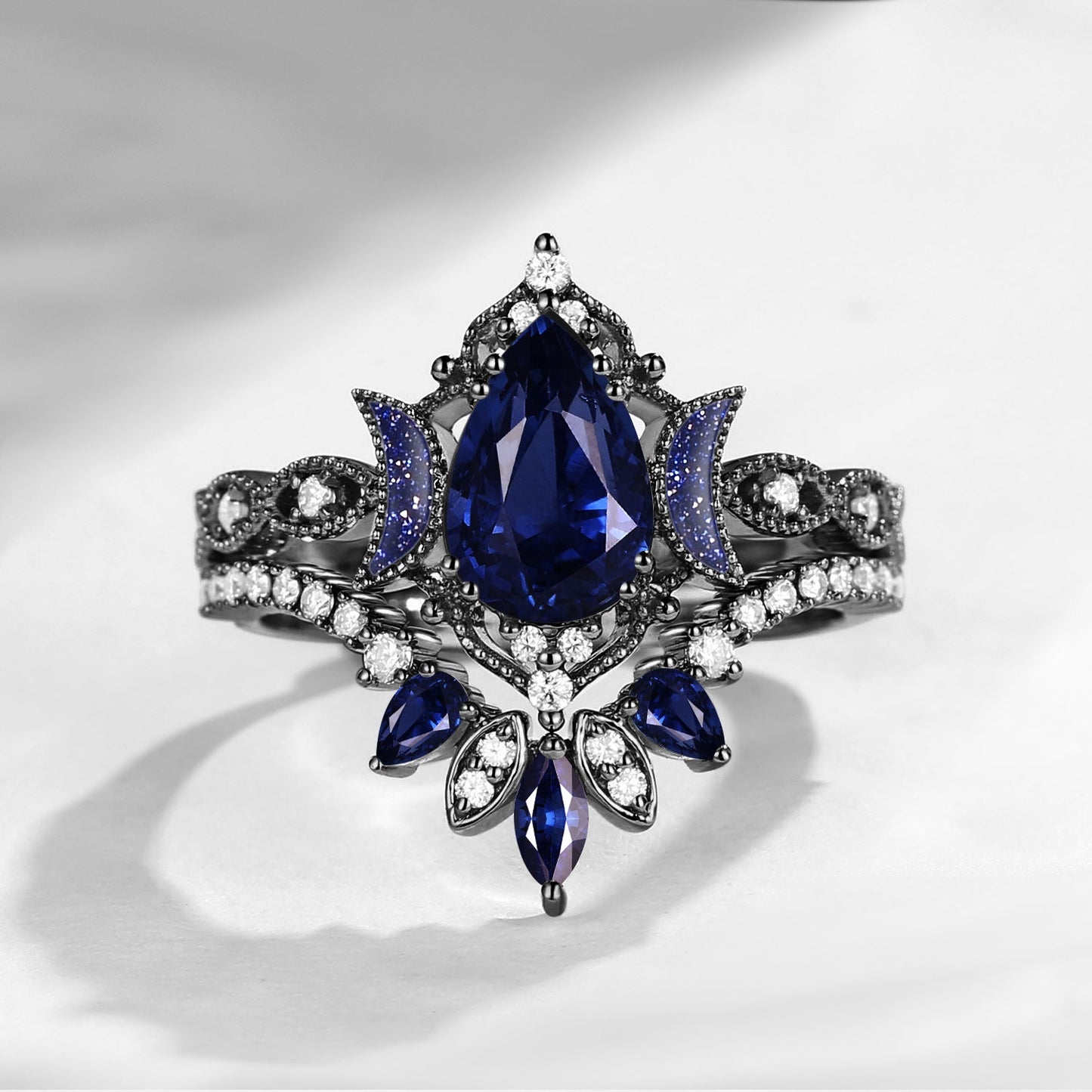 Crescent Moon | Blue Moon Inspired Pear Natural Sapphire 'Ultra Galaxy' Engagement Ring Set 2pcs