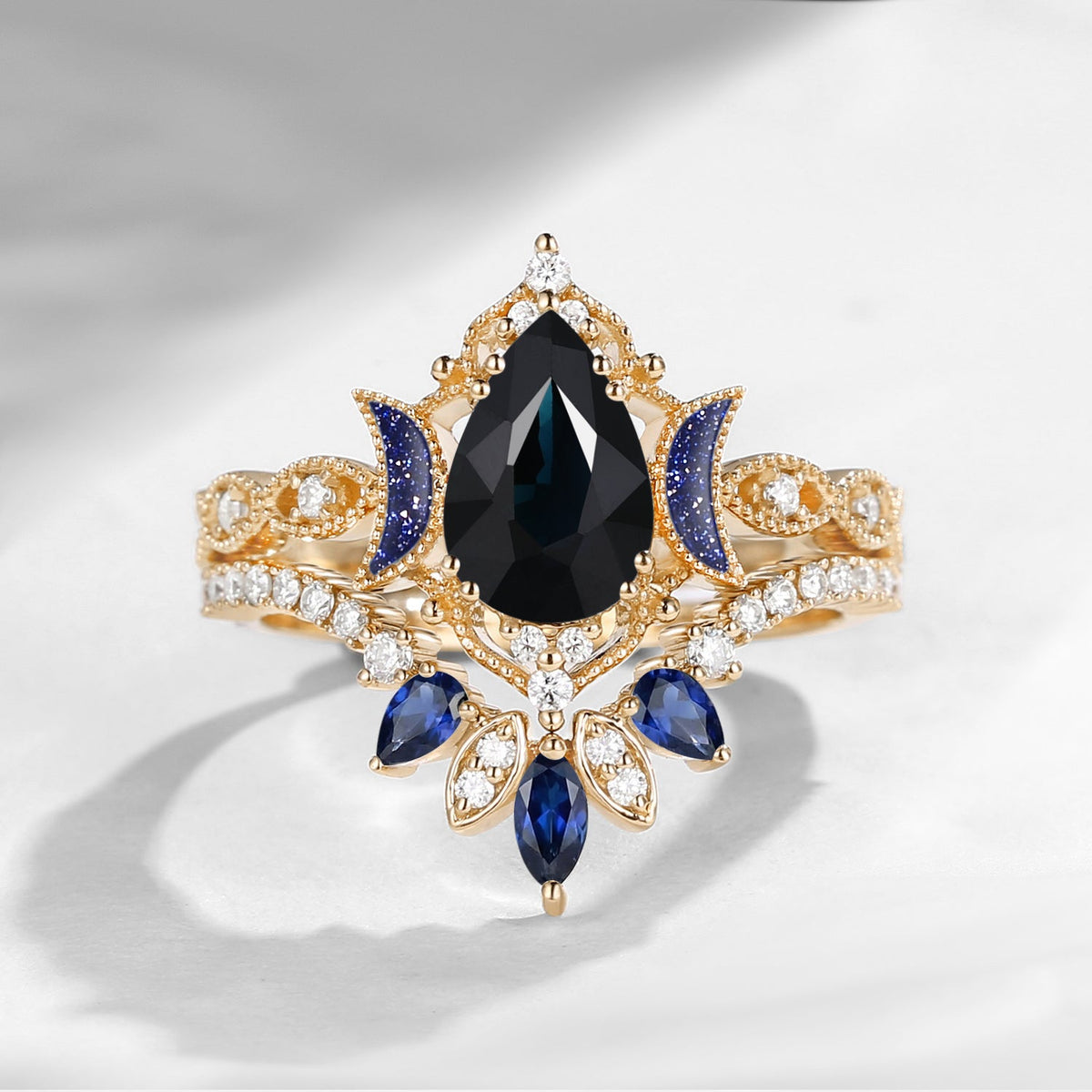 Crescent Moon | Blue Moon Inspired Pear Natural Black Sapphire 'Ultra Galaxy' Engagement Ring Set 2pcs