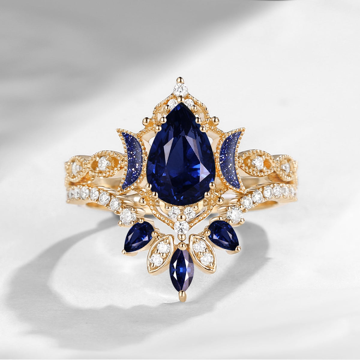 Crescent Moon | Blue Moon Inspired Pear Natural Sapphire 'Ultra Galaxy' Engagement Ring Set 2pcs