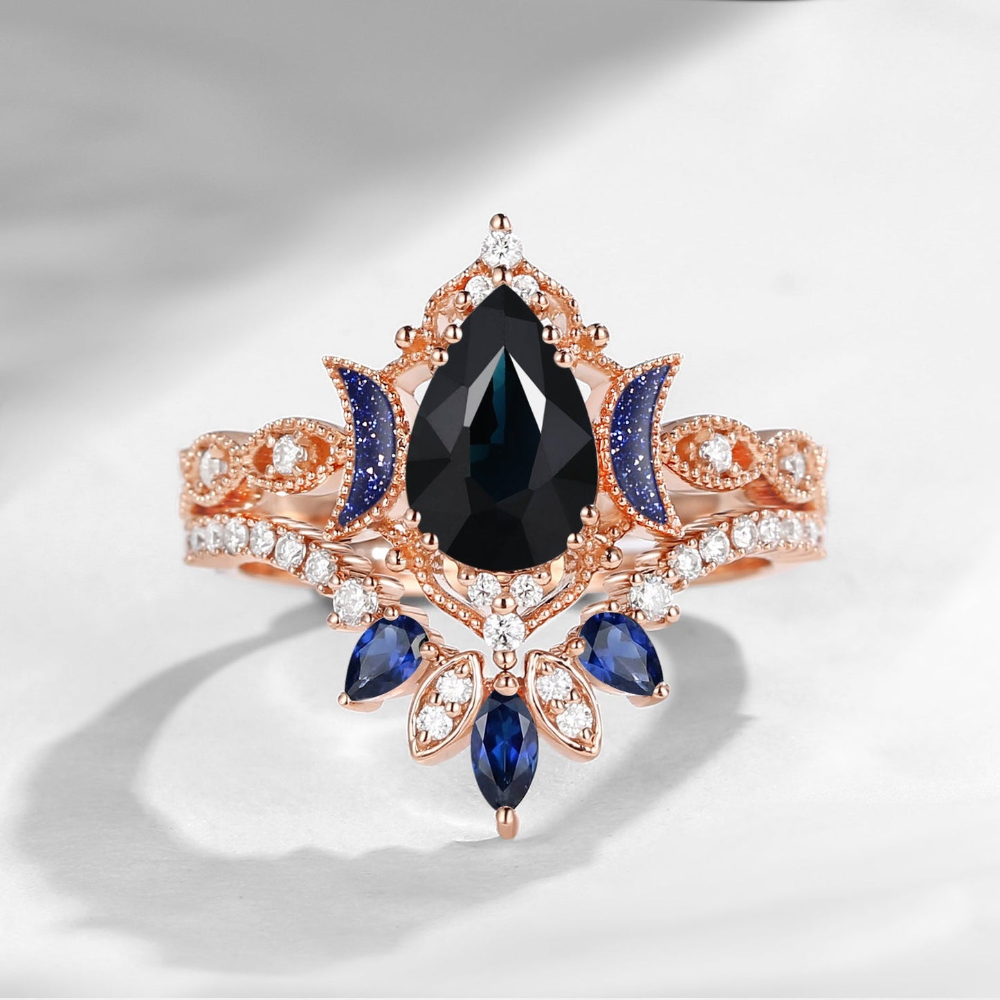 Crescent Moon | Blue Moon Inspired Pear Natural Black Sapphire 'Ultra Galaxy' Engagement Ring Set 2pcs