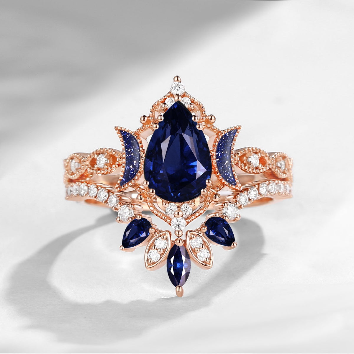 Crescent Moon | Blue Moon Inspired Pear Natural Sapphire 'Ultra Galaxy' Engagement Ring Set 2pcs