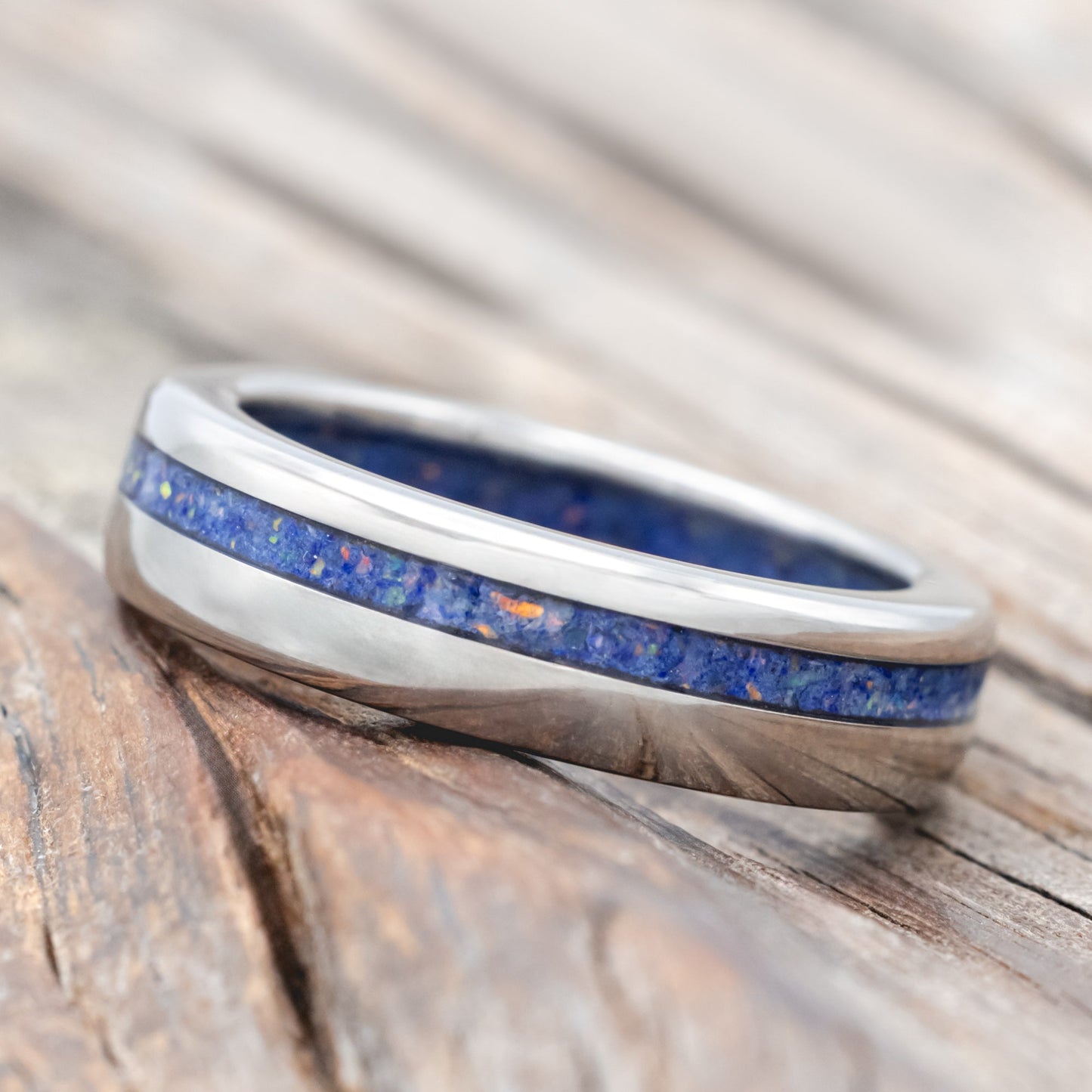 "Vertigo" - Mixed Lapis Lazuli and Fire & Ice Opal Inlay and Lining Wedding Band - Titanium (6mm) - Size 9 3/4