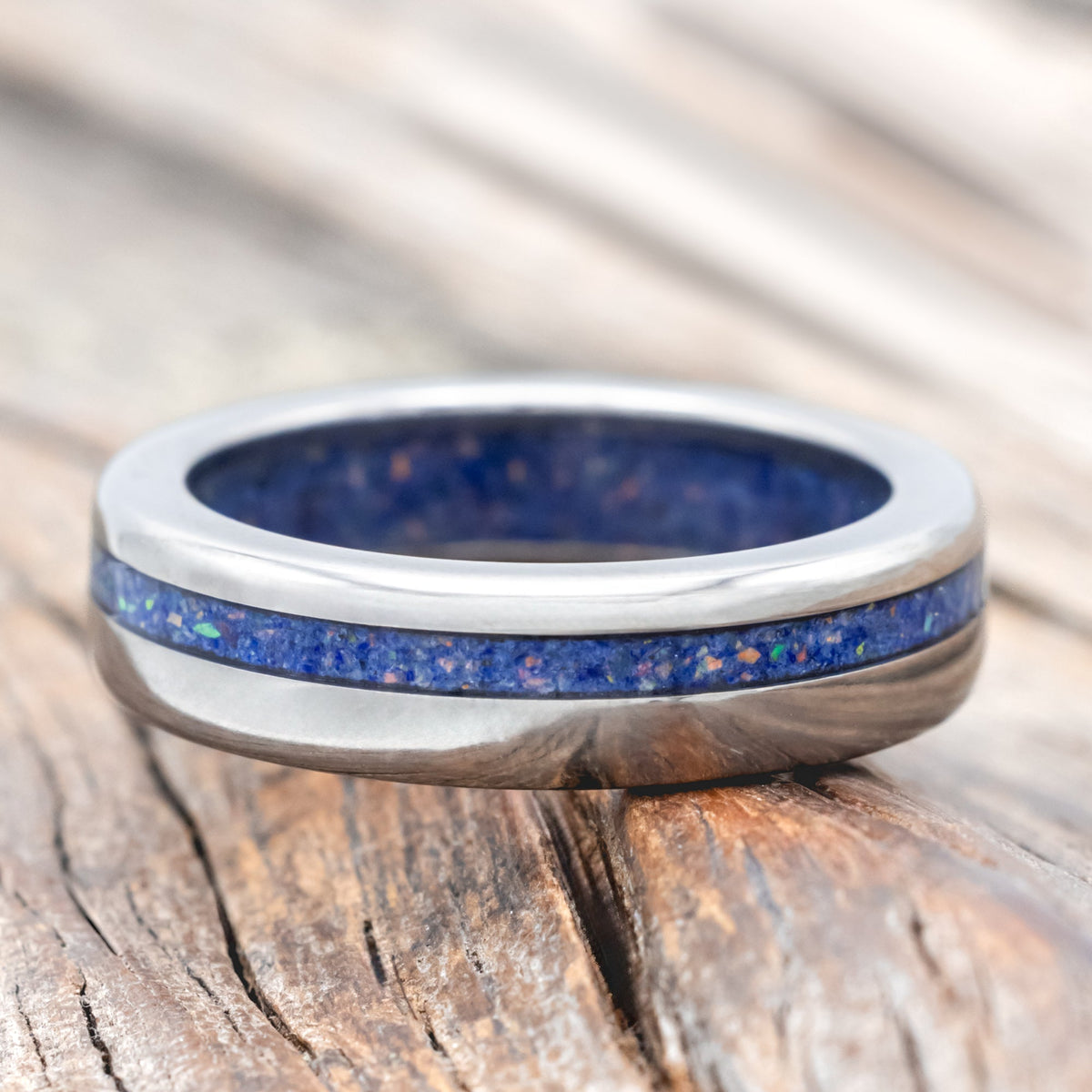 "Vertigo" - Mixed Lapis Lazuli and Fire & Ice Opal Inlay and Lining Wedding Band - Titanium (6mm) - Size 9 3/4